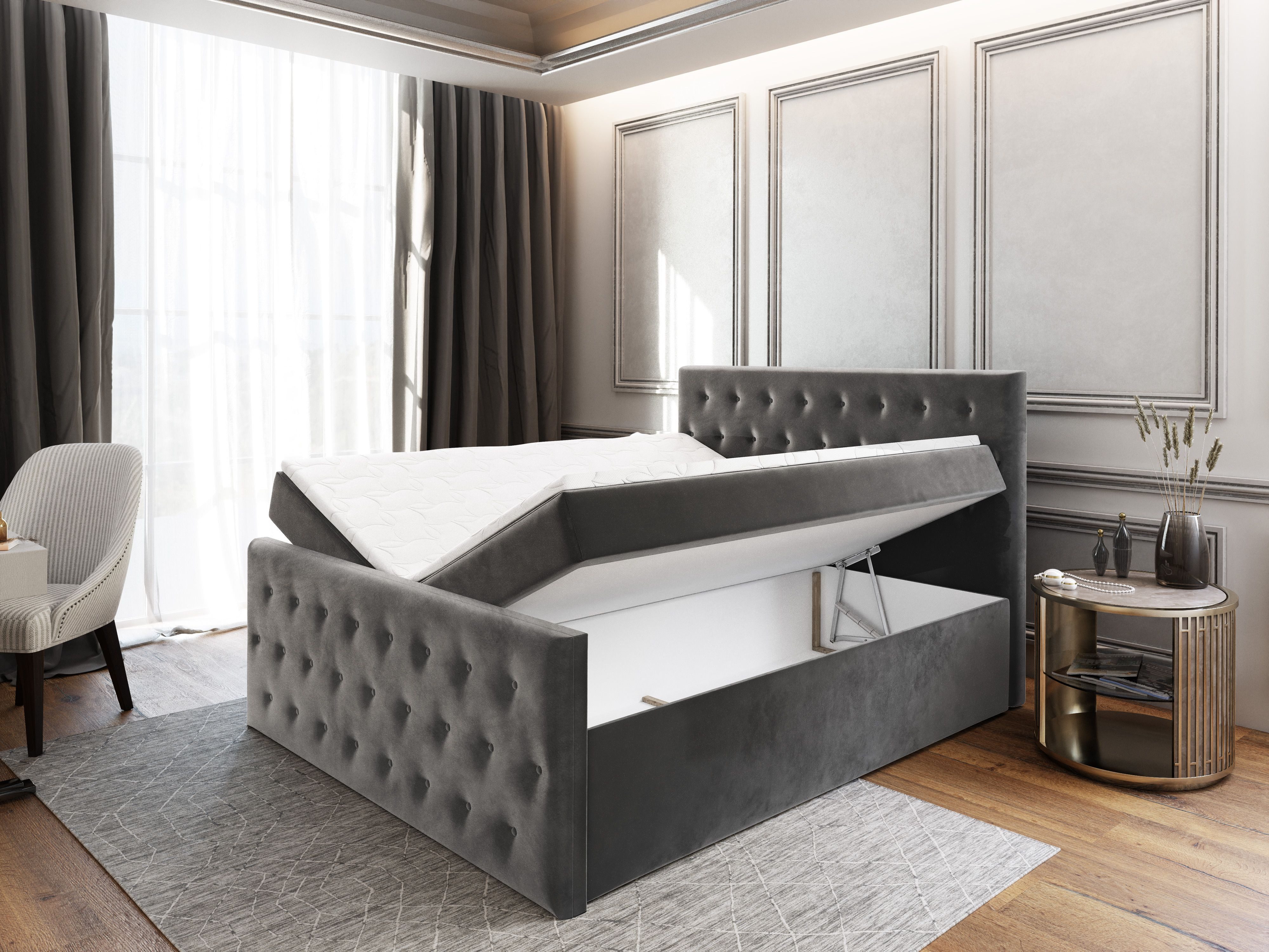 Masseno Boxbett FONDI 140x200 cm mit Bonell Matratze und Topper, Doppelbett, Polsterbett mit Kopfteil, Boxspringbett