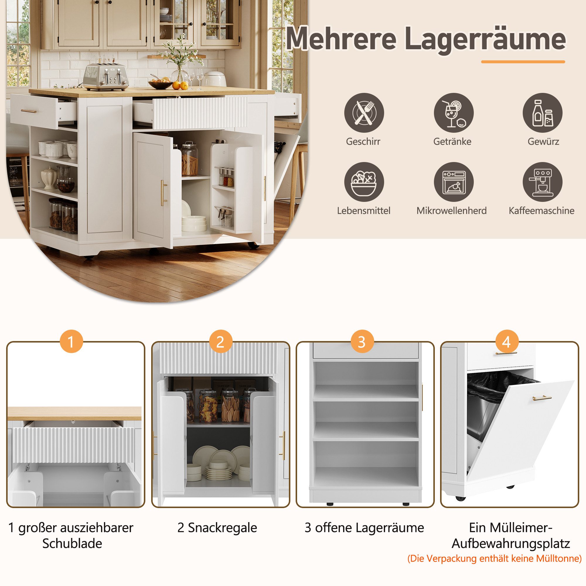 i@home Kücheninsel mit Rollen, Küchenschrank, Servierwagen, 120 x 50 x 92 cm, Kücheninsel mit Rollen, Integrierter Abfallbehälter, Viel Stauraum