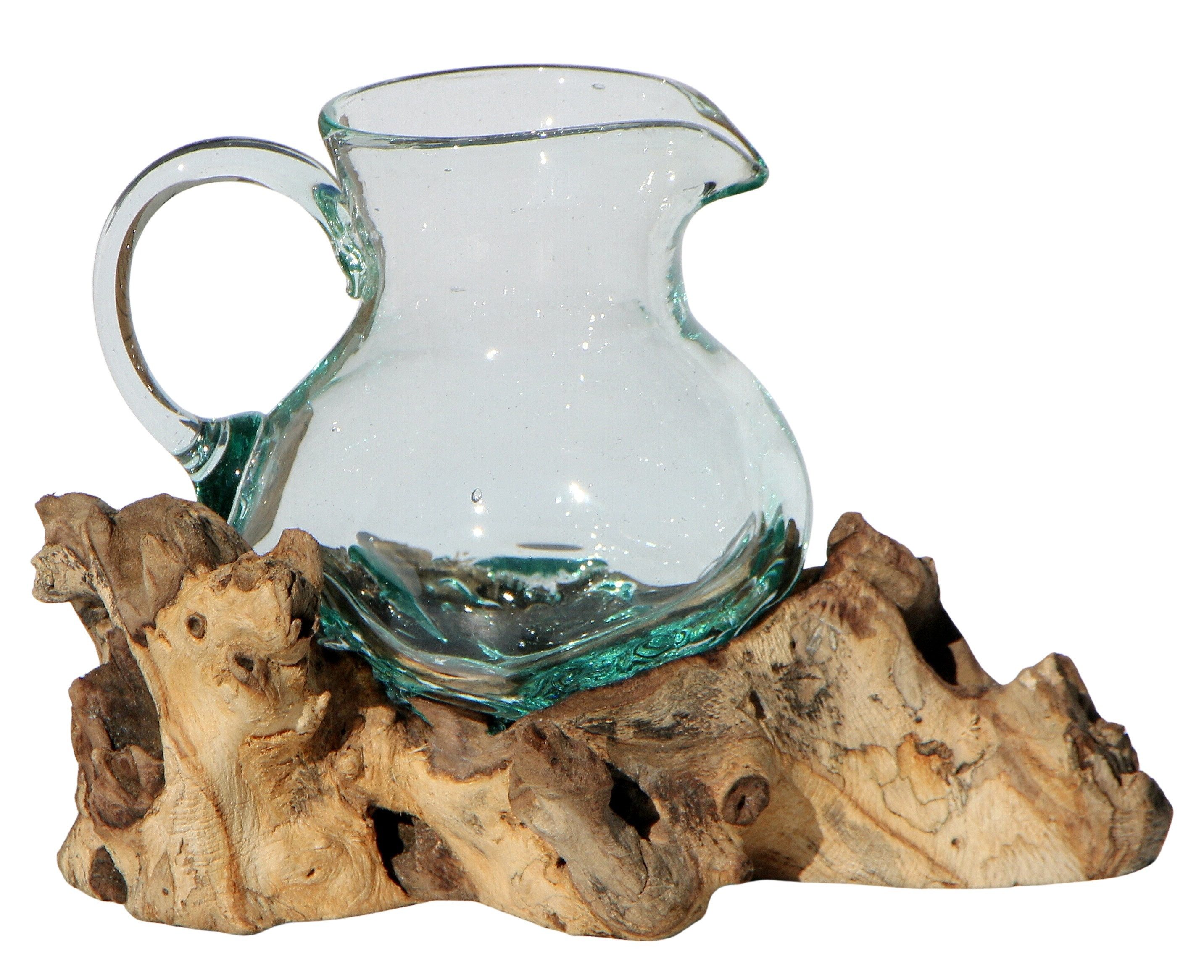 Wogeka Wasserkrug Glas-Krug auf Wurzelholz Kanne Teakholz Gamal Bali Vase