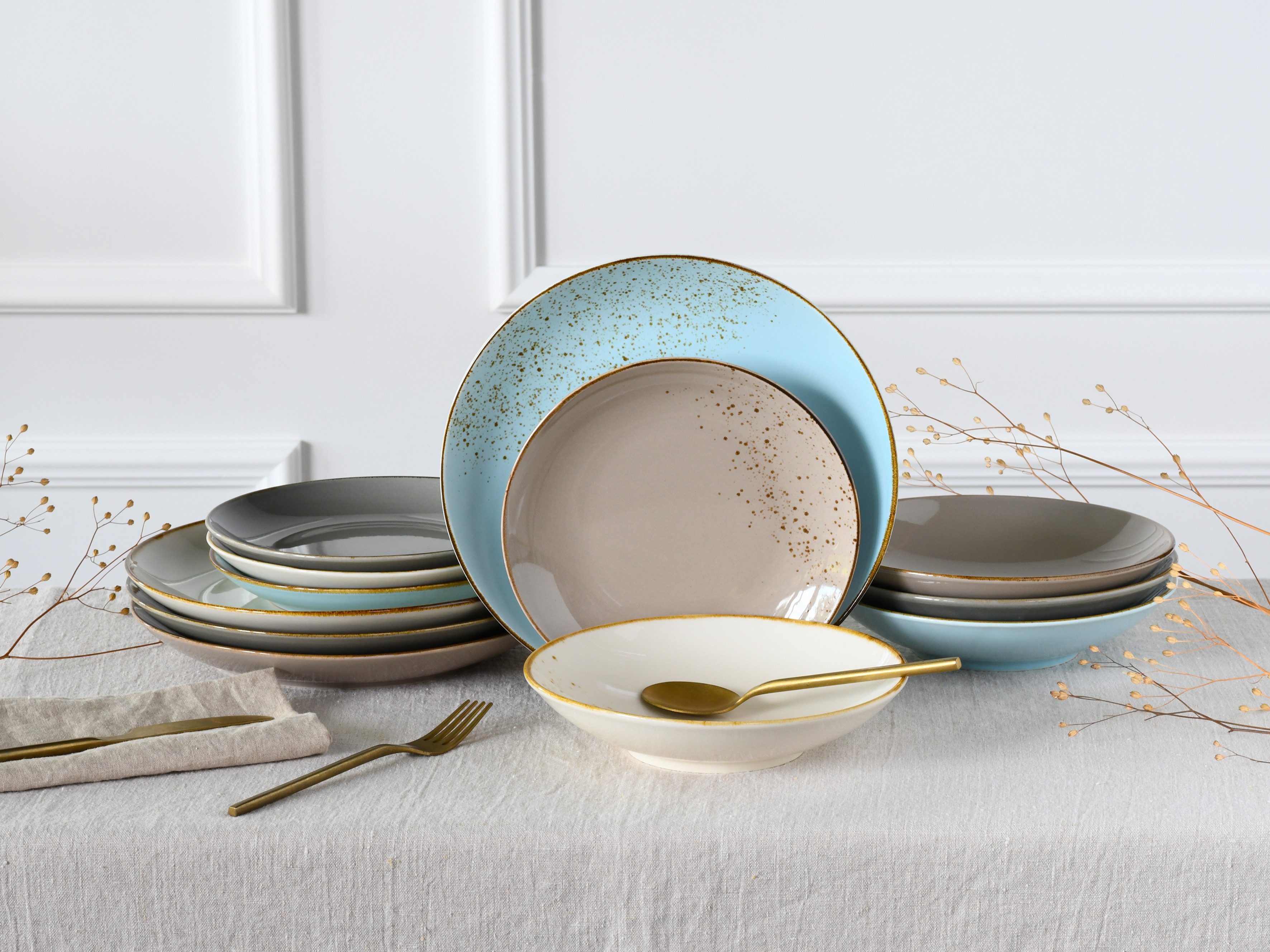 CreaTable Tafelservice Geschirr-Set NATURE COLLECTION Scandic (12-tlg), 4 Personen, Steinzeug, Service, 4 Farben im Set, 12 Teile, für 4 Personen