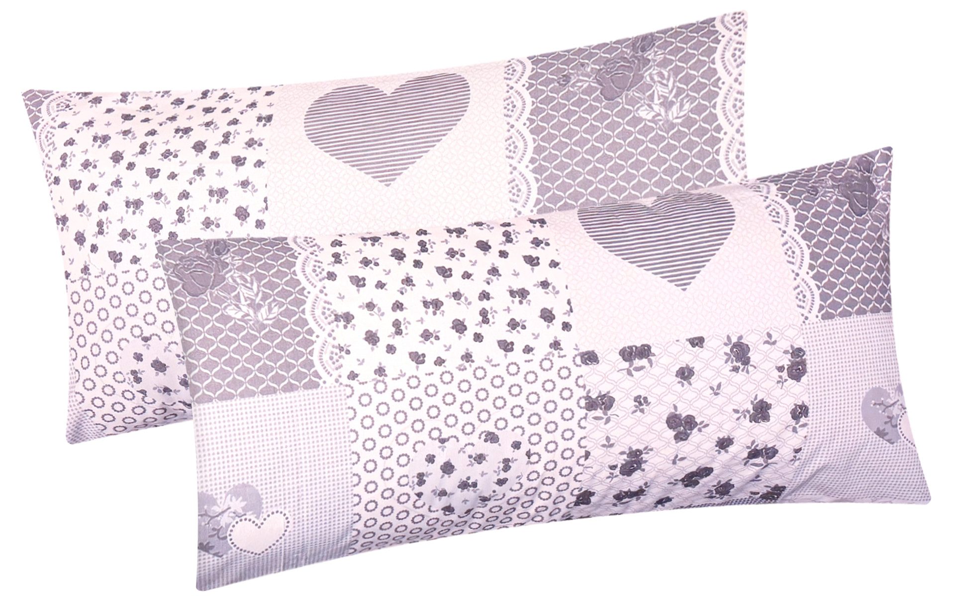 Heubergshop Kissenbezug, (2 Stück), 2er Set 40x80cm - Baumwolle Landhaus Herzen Blumen Grau (422/1-40x80)