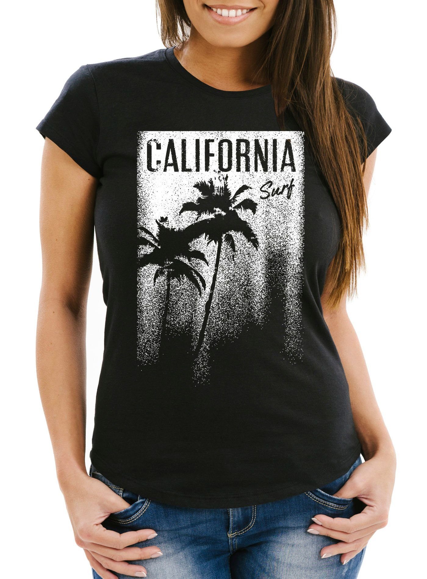 Neverless Print-Shirt Damen T-Shirt California Surf Palmen Slim Fit Neverless® mit Print