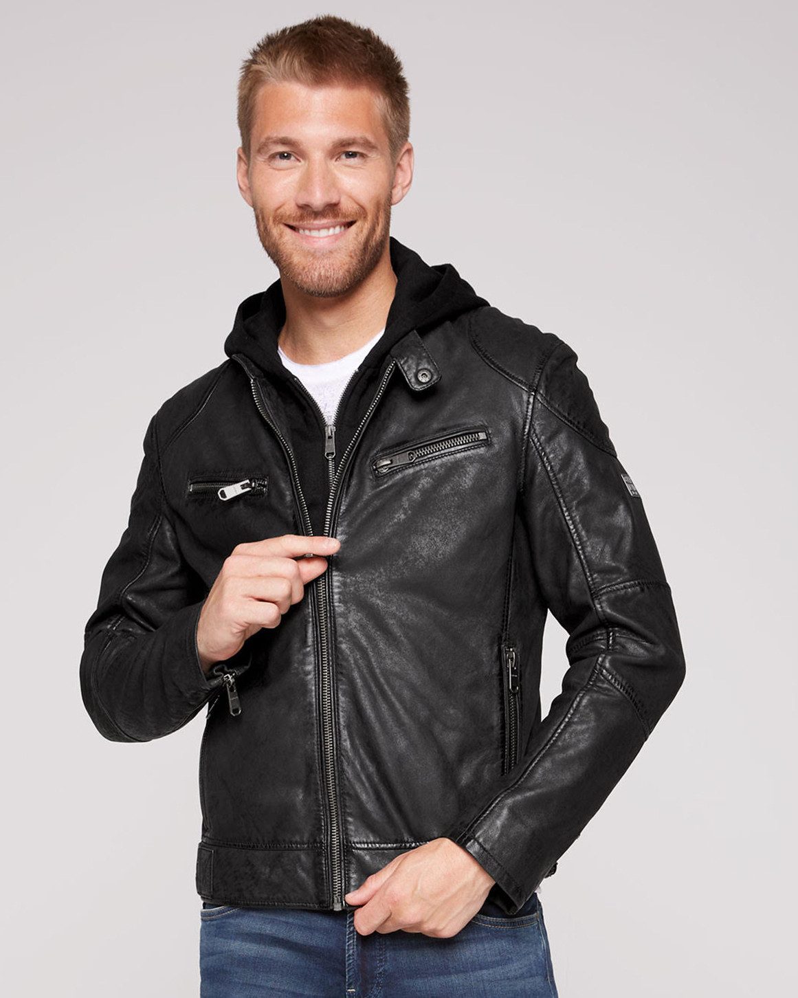 CAMP DAVID Lederjacke Rayko Camp David Herren Lederjacke Kapuze