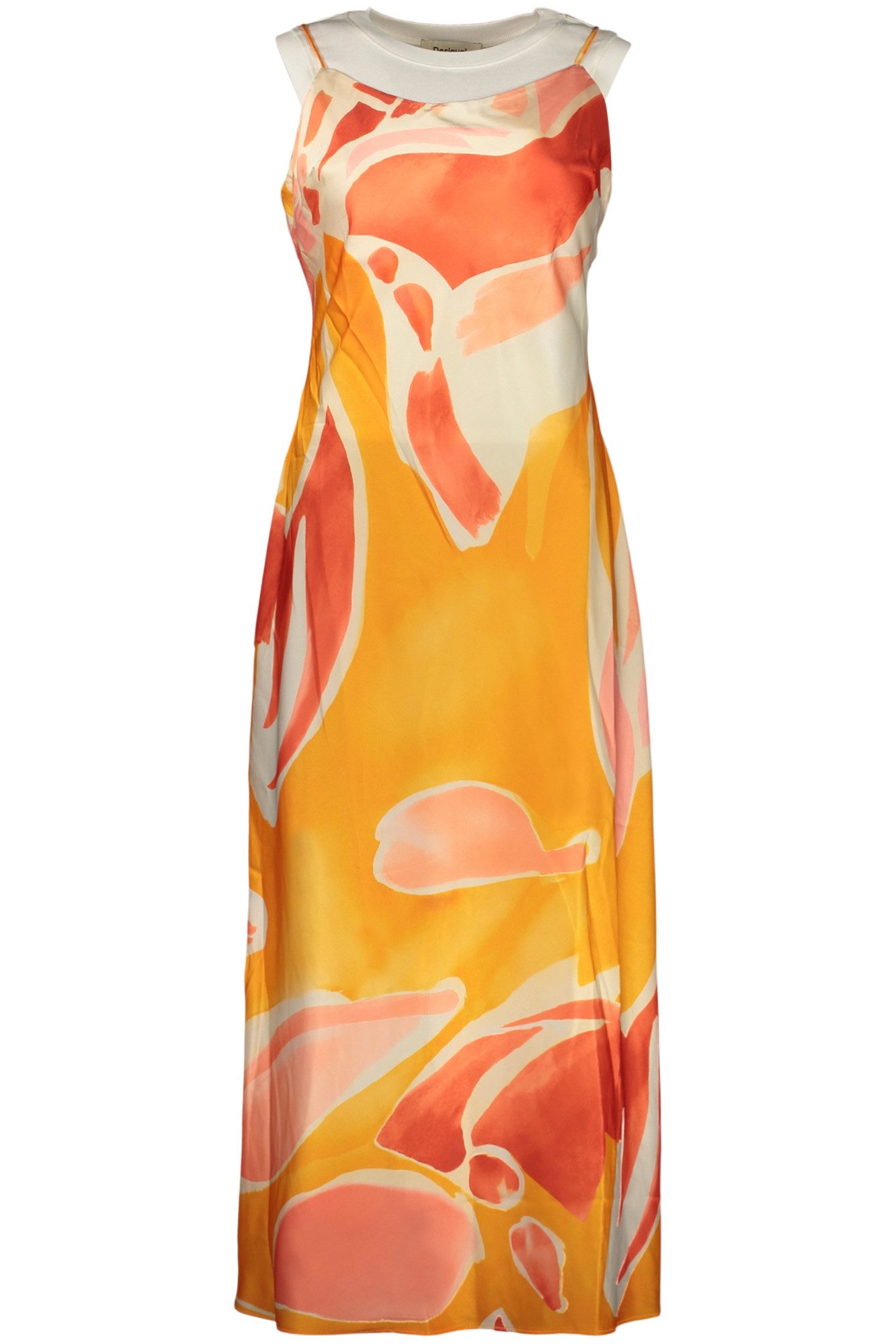 Desigual Partykleid Langes Damenkleid Orange mit Muster, Ärmel- und Träger-Design
