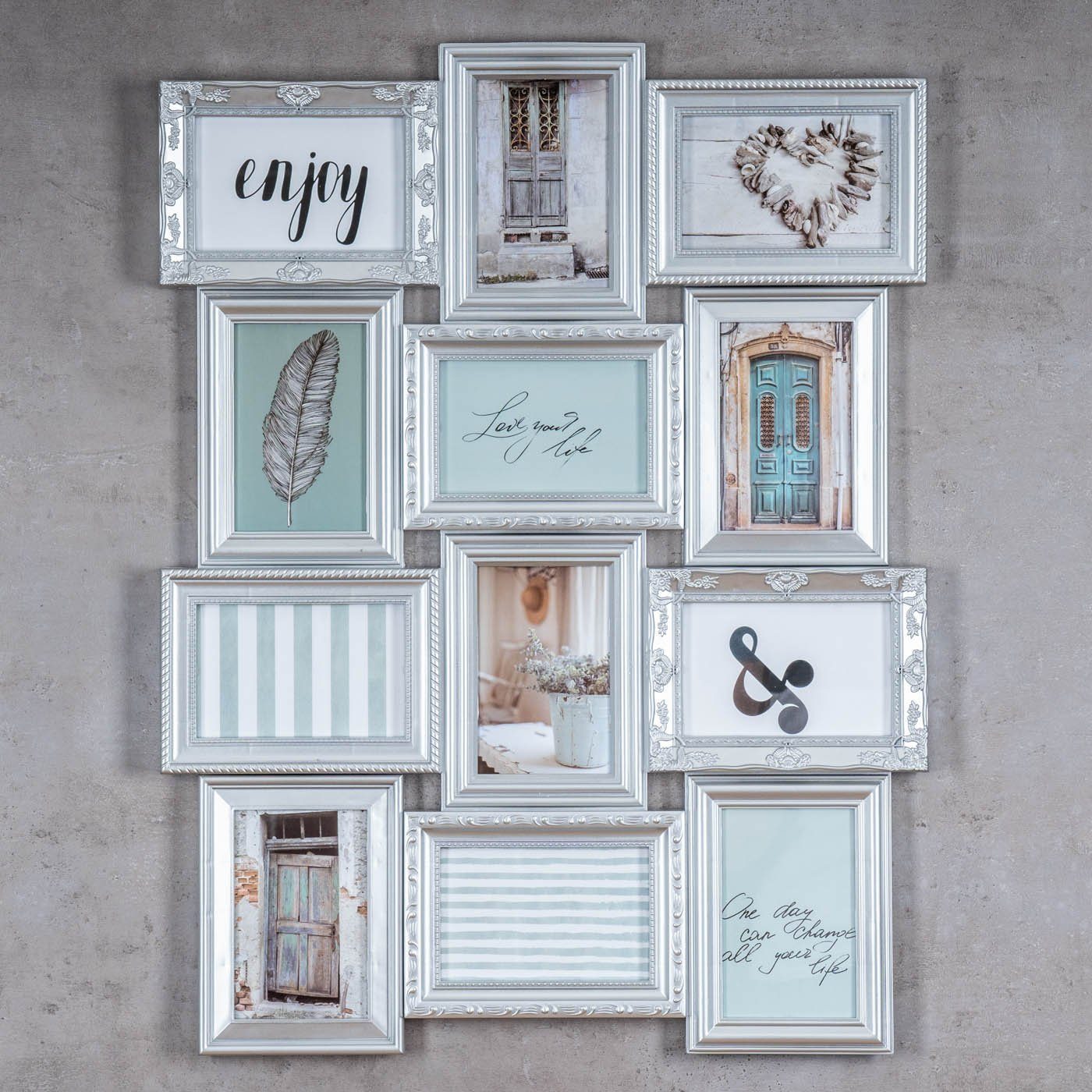 Levandeo® Bilderrahmen Collage, Bilderrahmen 12 Fotos 10x15cm Silber Barock Fotorahmen Collage