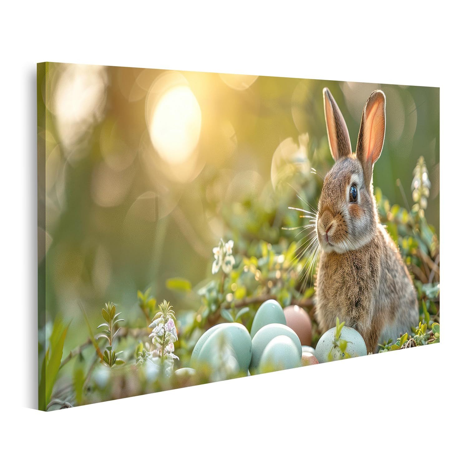 islandburner Leinwandbild Hase Im Frühlingsgarten Mit Ostereiern Und Sakralen Blumen