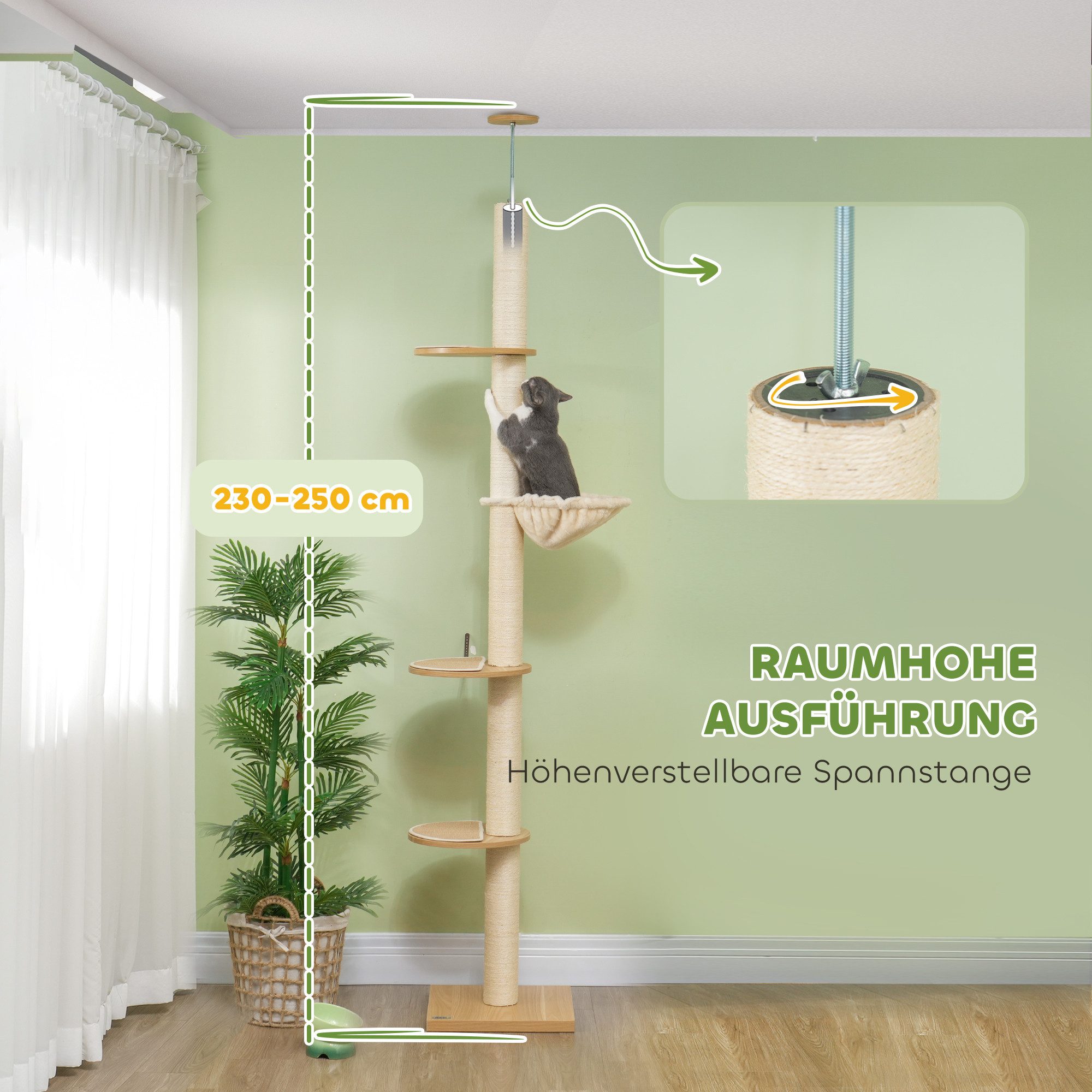furnicato Kratzbaum Deckenhoher Katzenkratzbaum 230-250 cm Eiche+Cremeweiß