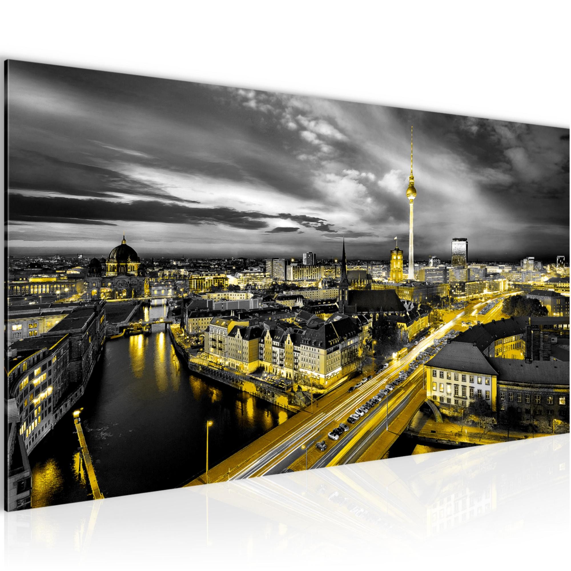 Runa Art Wandbild Berlin Skyline Modern Bild auf Vlies Leinwand Stadt Büro Gelb 0043, 100L x 40B cm