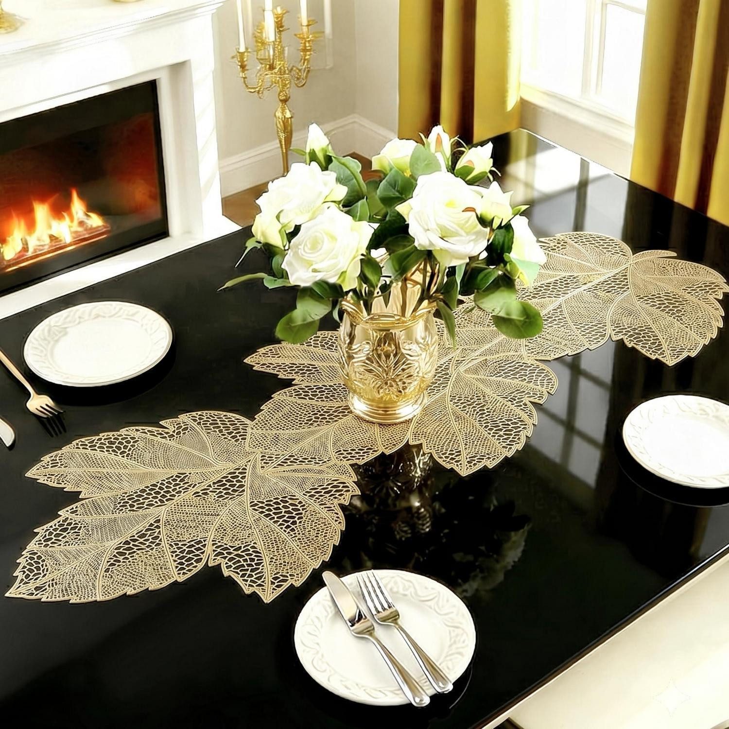 LuxusKollektion Tischläufer Tischläufer Goldfarben 90cm Ahornblätter Lochmuster (1-tlg)