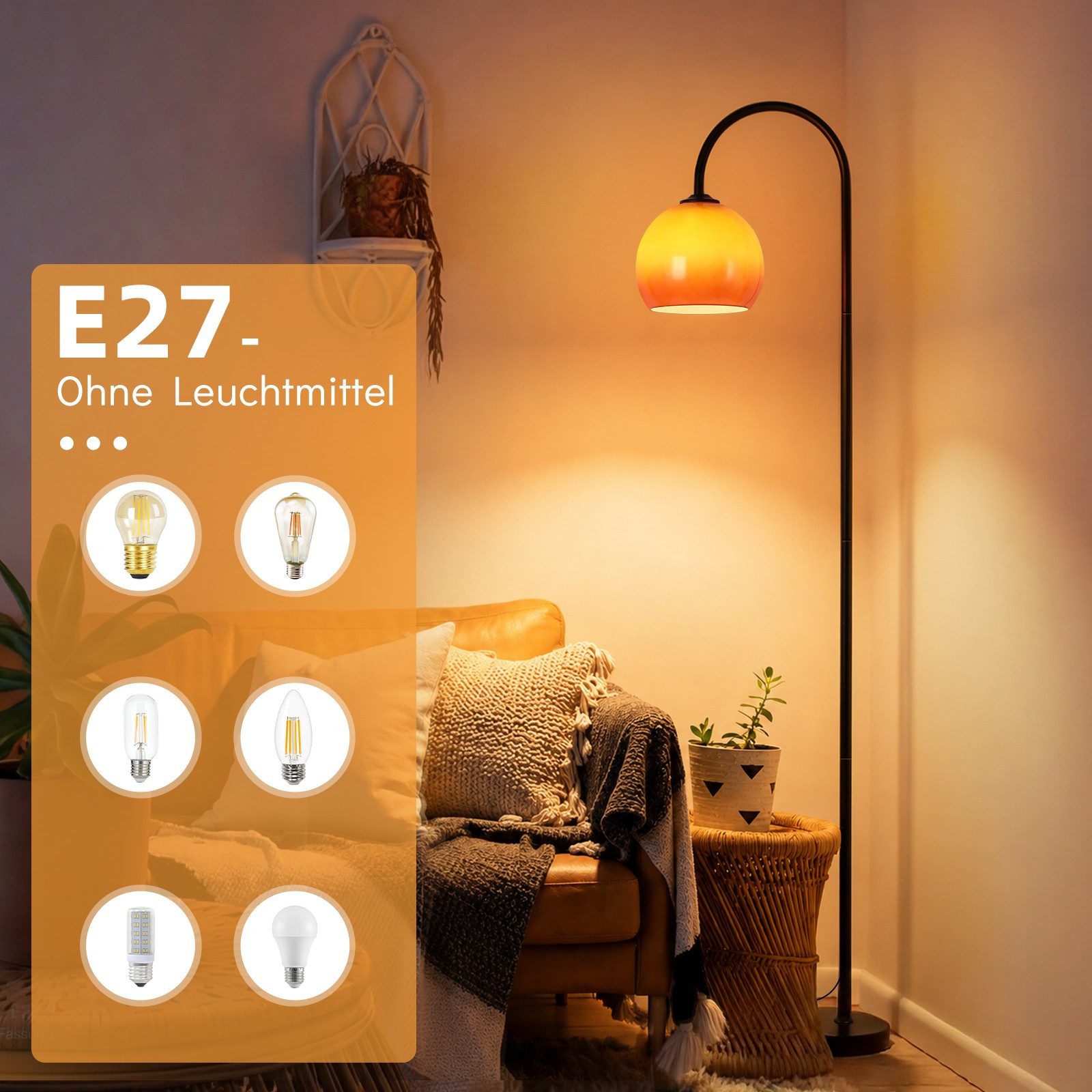ZMH Bodenleuchte LED Stehleuchte Angelruten-Form, schwarz, bernsteinfarbenes Glas, leicht zu reinigen, schnelle Montage, Leselampe