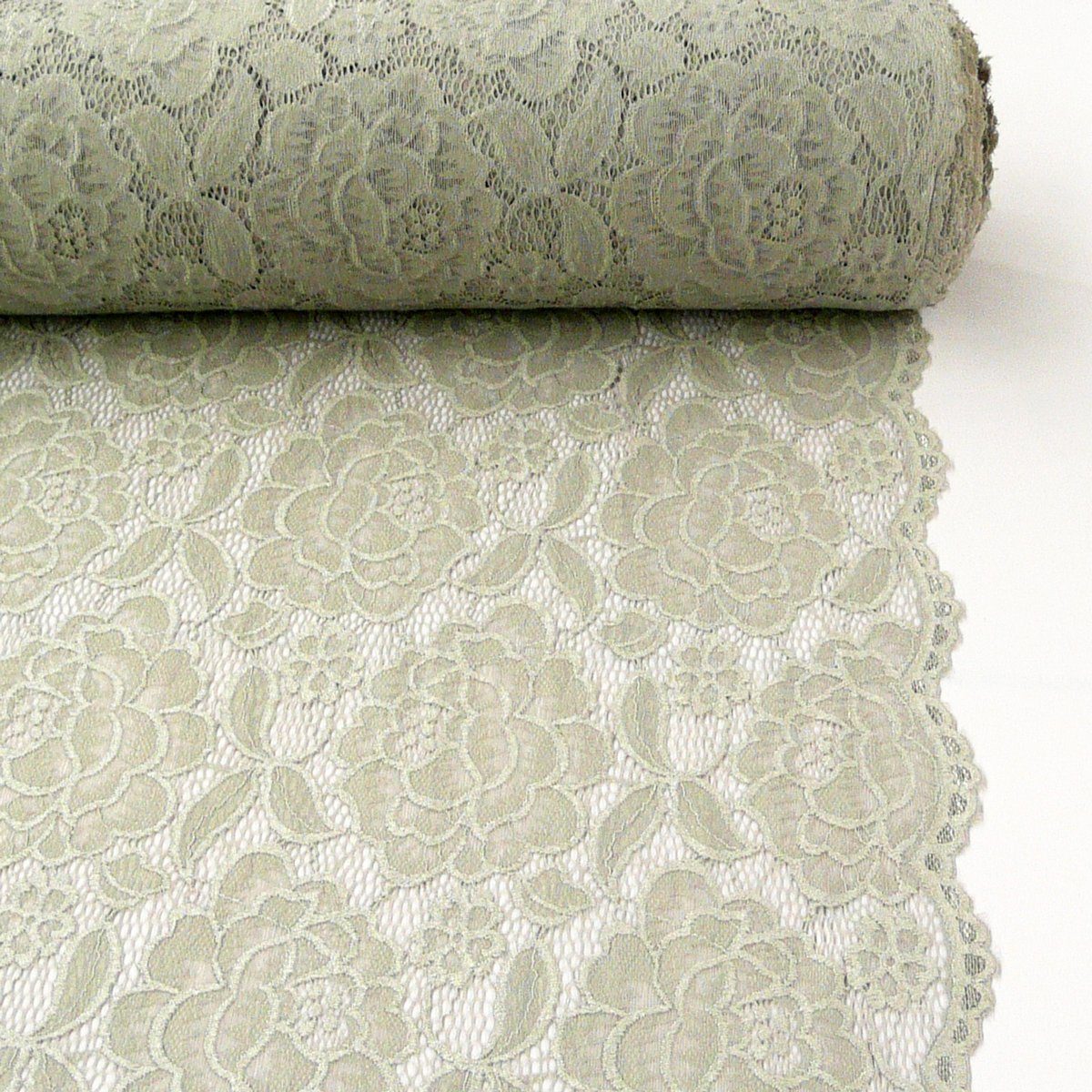 SCHÖNER LEBEN. Stoff Elastische Stoff Meterware Spitze Blumen mit Wellen Abschluss grau