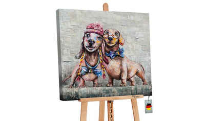 YS-Art Gemälde Freundschaft, Tiere, Dackel Leinwand Bild Handgemalt Zwei Hunde Brille Fliege