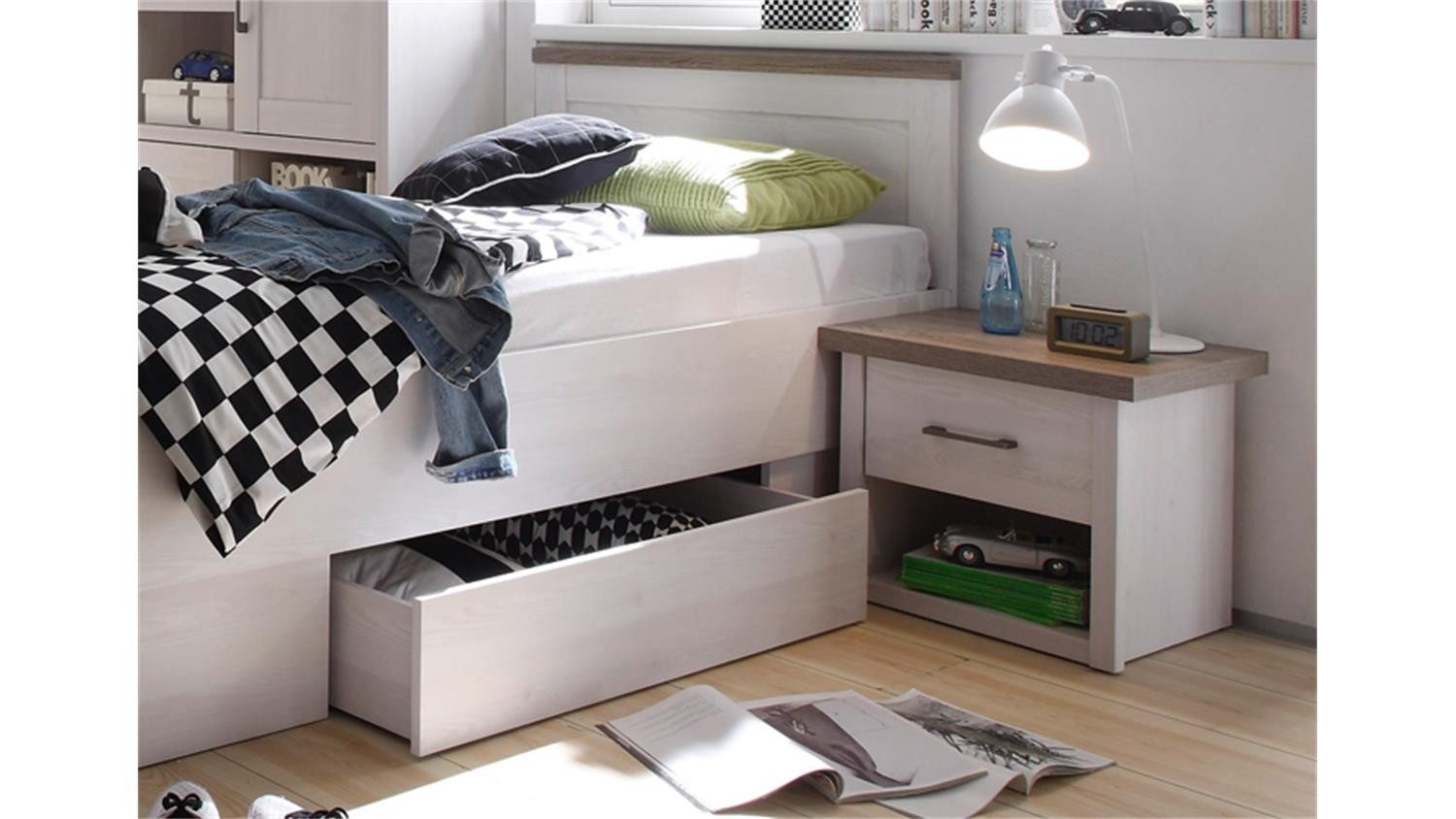 Bega Consult Jugendbett Jugendbett Luca mit Nachtkommode Pinie weiß und Trüffel, Bett inkl. Schubkasten und Nachtkommode