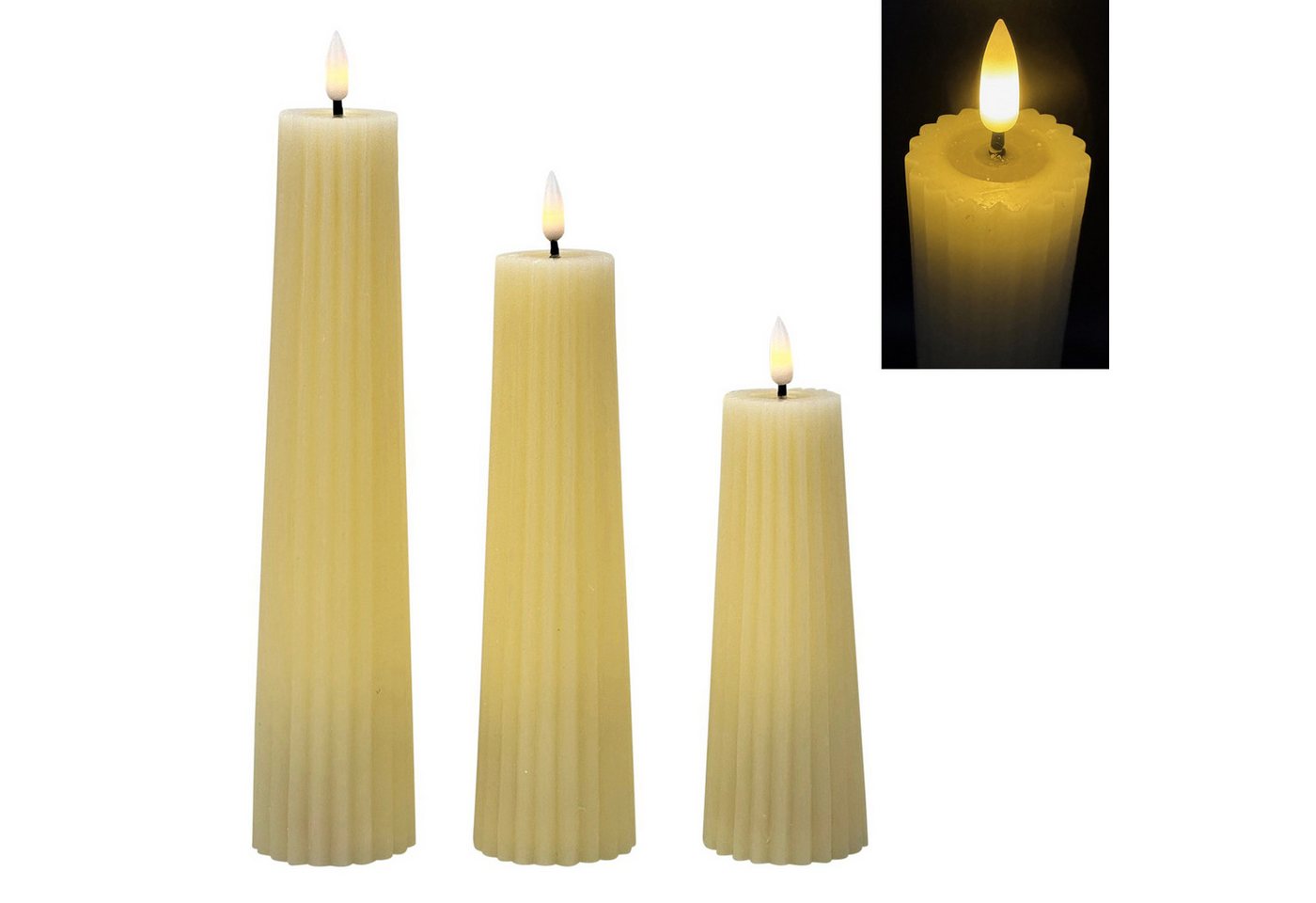 Online-Fuchs LED-Kerze - 3er Set LED-Kerzen XL im Rillen Design mit 6-Stunden Timerfunktion (realistische Flamme, Creme und Grün), 19, 24 und 29 cm groß