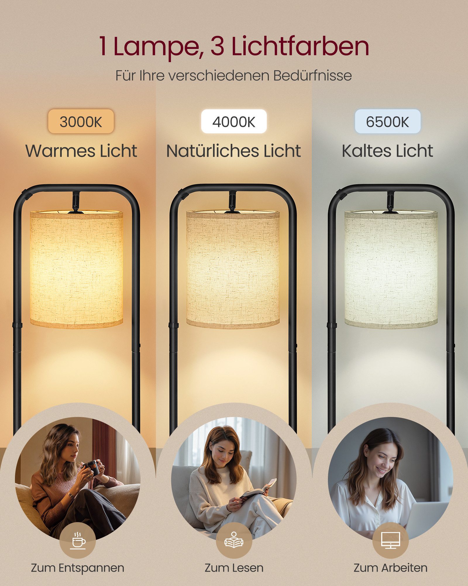 VASAGLE Stehlampe mit 3 Ablagen, Standleuchte, Stehleuchte, Fußschalter, LED wechselbar, LED-Glühbirne inklusive, Lampenschirm aus Stoff