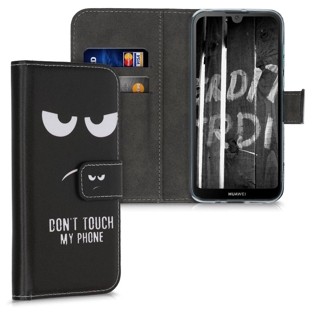 kwmobile Handyhülle, Hülle für Huawei Y5 (2019) - Kunstleder Handy Wallet  Case mit Kartenfächern und Stand - Don't touch my Phone Design