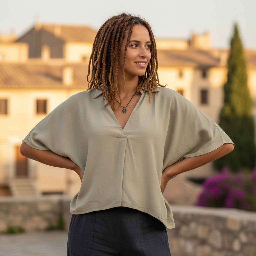Guru-Shop Longbluse Weites Boho Blusentop mit Fledermausärmeln,.. alternative Bekleidung