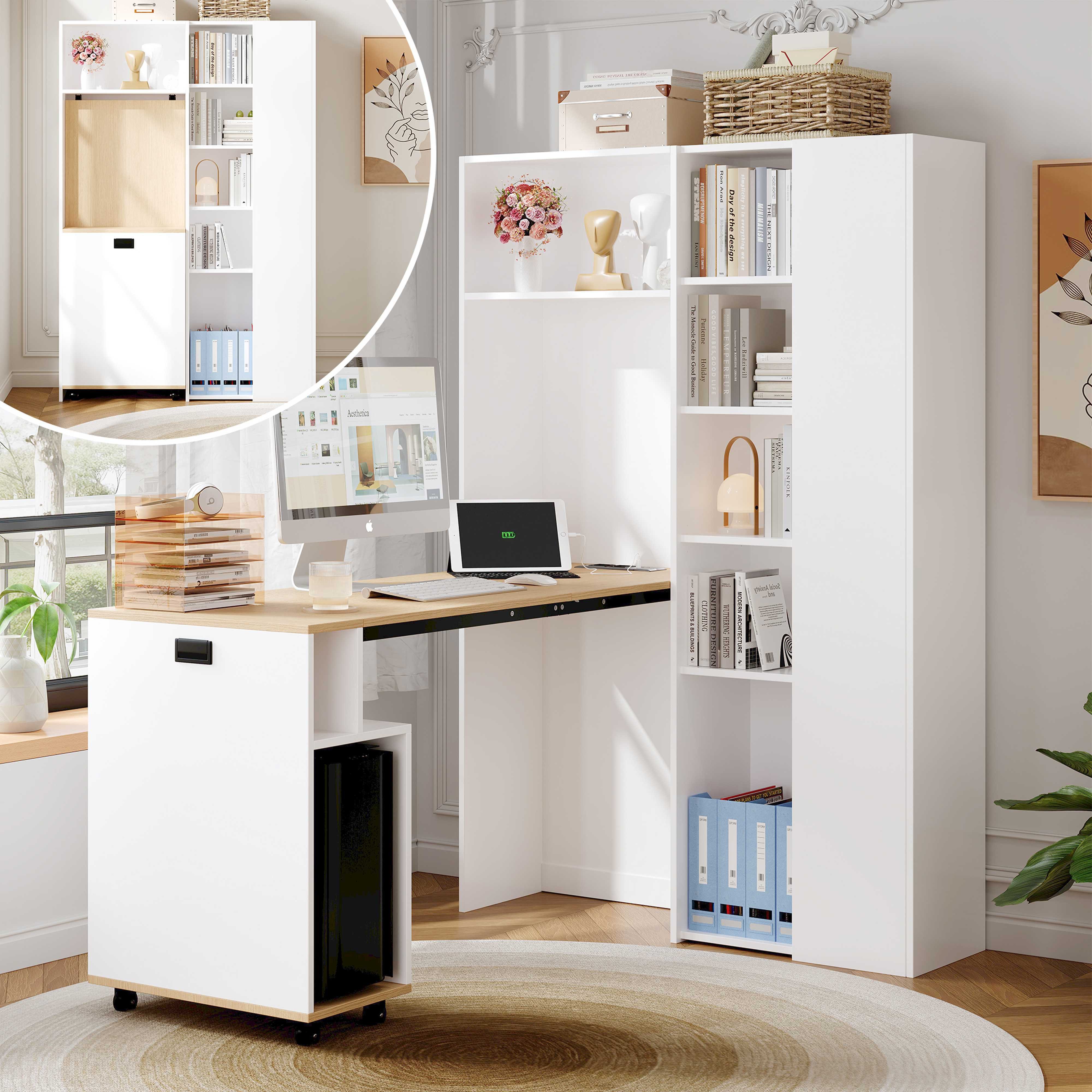 BlingBin Eckschreibtisch Klappbarer Schreibtisch mit Regal (1-St., platzsparendes 2-in-1 Design mit EU-Steckdose und USB-Anschlüssen), Hochschrank mit höhenverstellbaren Böden