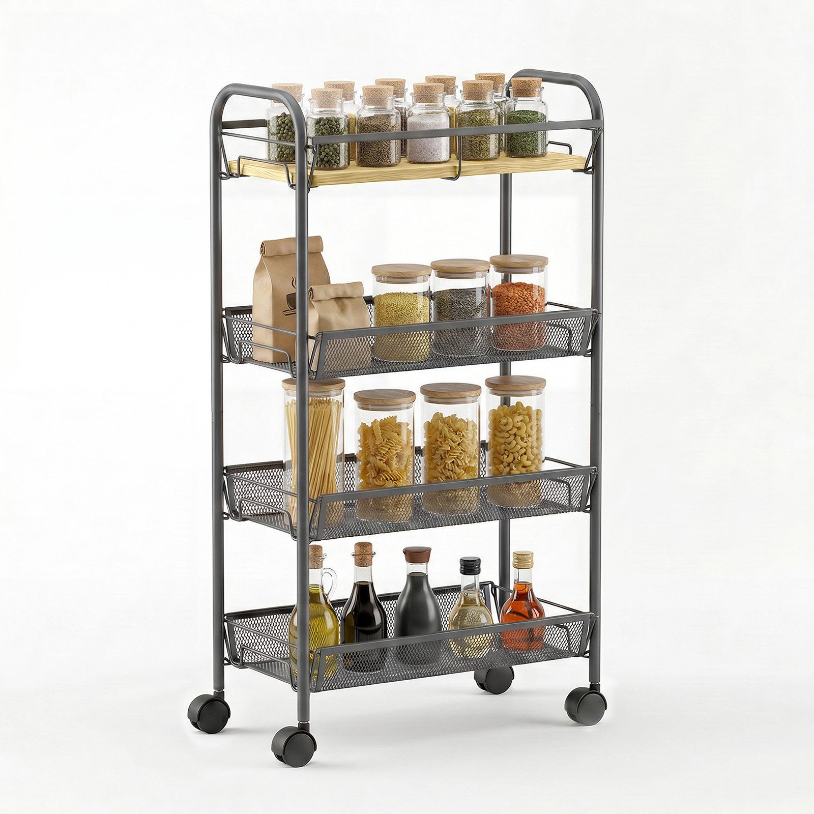 Sekey Beistellwagen Küchenwagen schmal Nischenregal mit Rollen 20cm breit Rollwagen schmal, Regalwagen mit Rollen, 43,8x19x83cm Aufbewahrungswagen