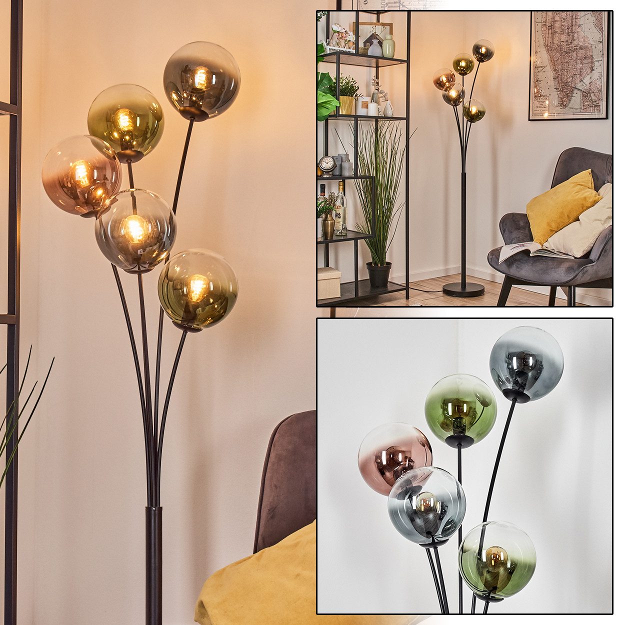hofstein Stehlampe Stehlampe aus Metall/Glas in Schwarz/Blau/Grün/Kupfer/Klar, Stehleuchte im Retro-Design (Schirme 15cm), Fußschalter, 169cm, E14