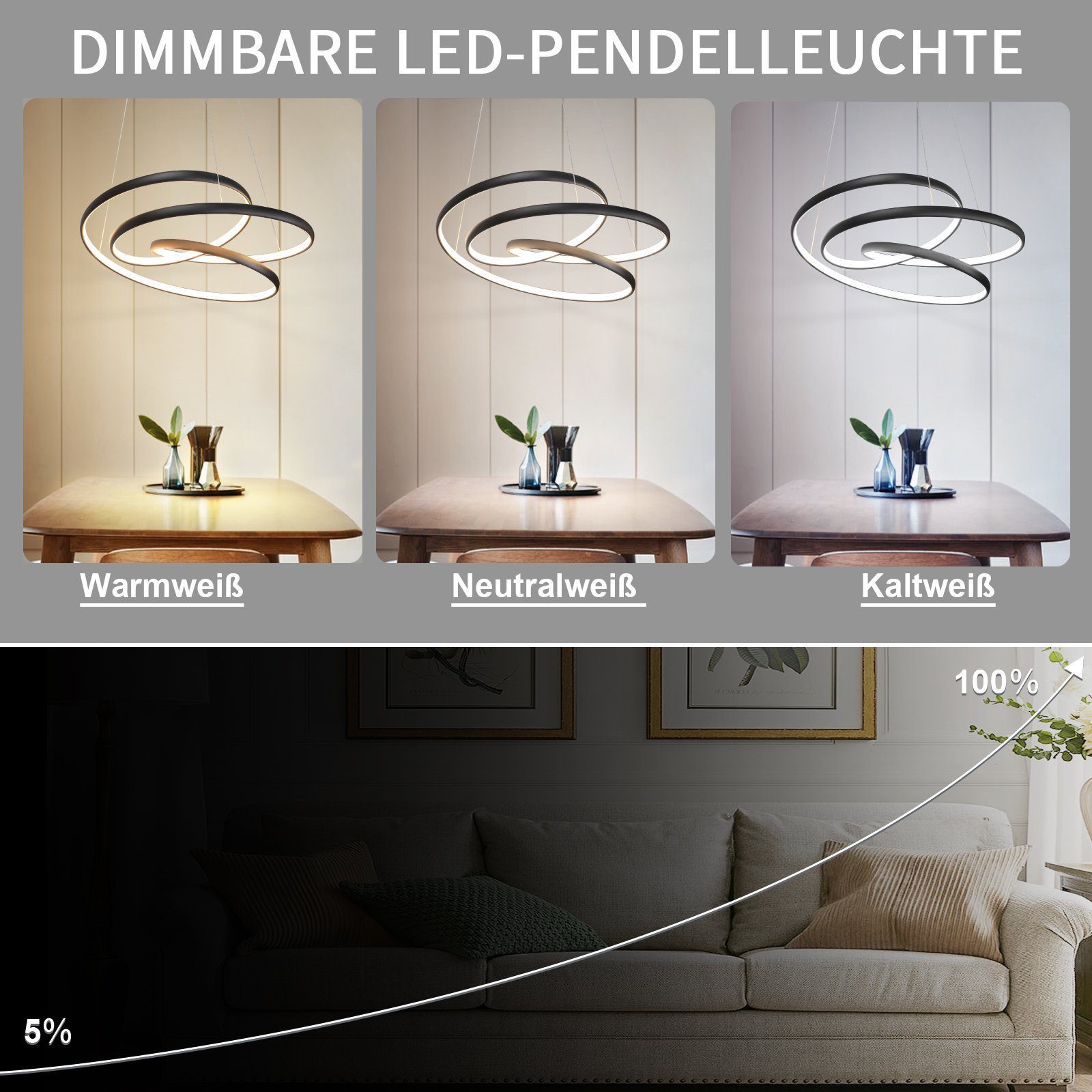 Nettlife LED Pendelleuchte Schwarz Hängelampe Esstisch mit Fernbedienung, Dimmbar mit Fernbedienung, LED fest integriert, Warmweiß, Kaltweiß, Neutralweiß, Wohnzimmer Schlafzimmer Esszimmer