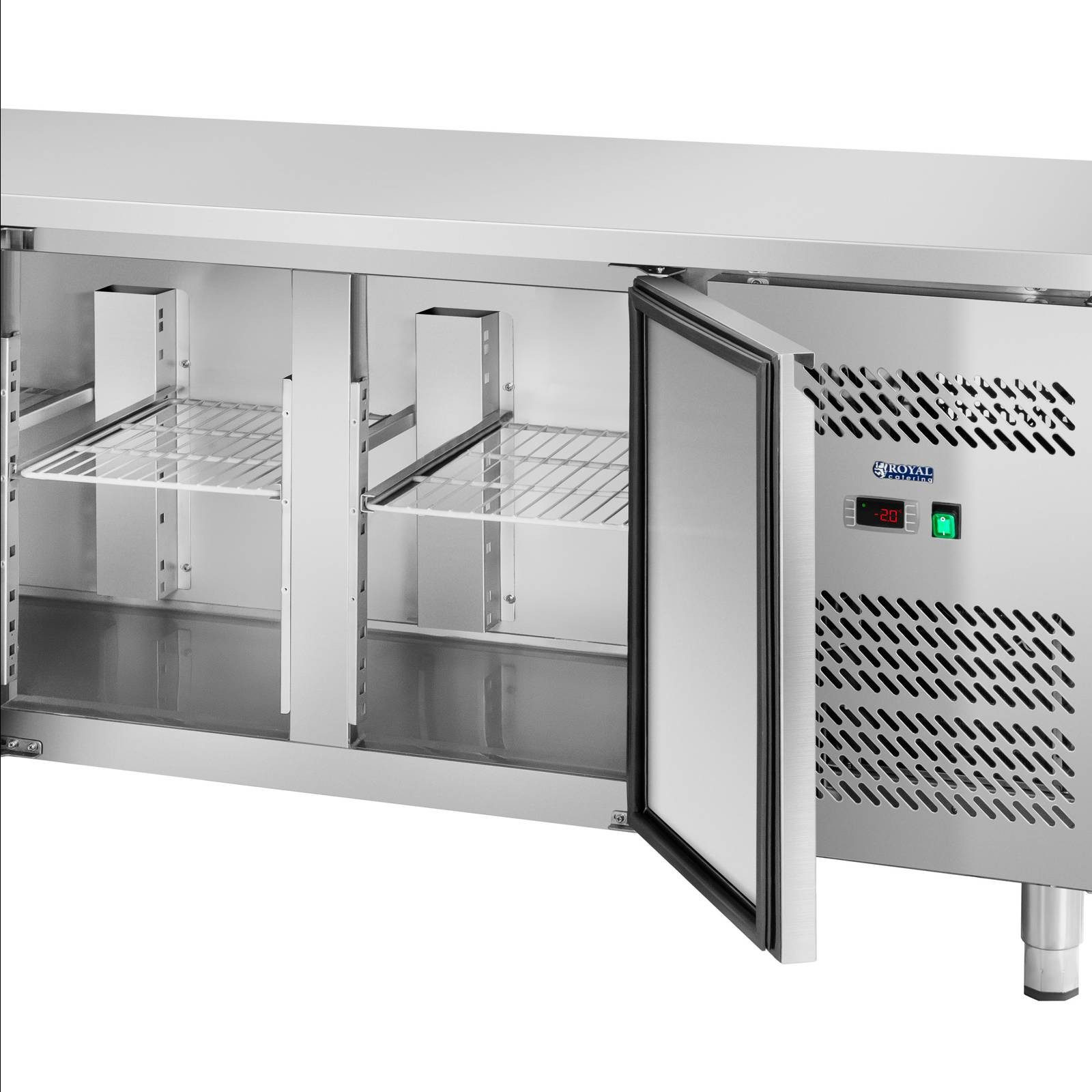 Royal Catering Kühlschrank RCLK-S449, 85.5 cm hoch, 223 cm breit, Kühltisch 450L 4 Türen Saladette Pizzatisch Arbeitsfläche Gastro Profi