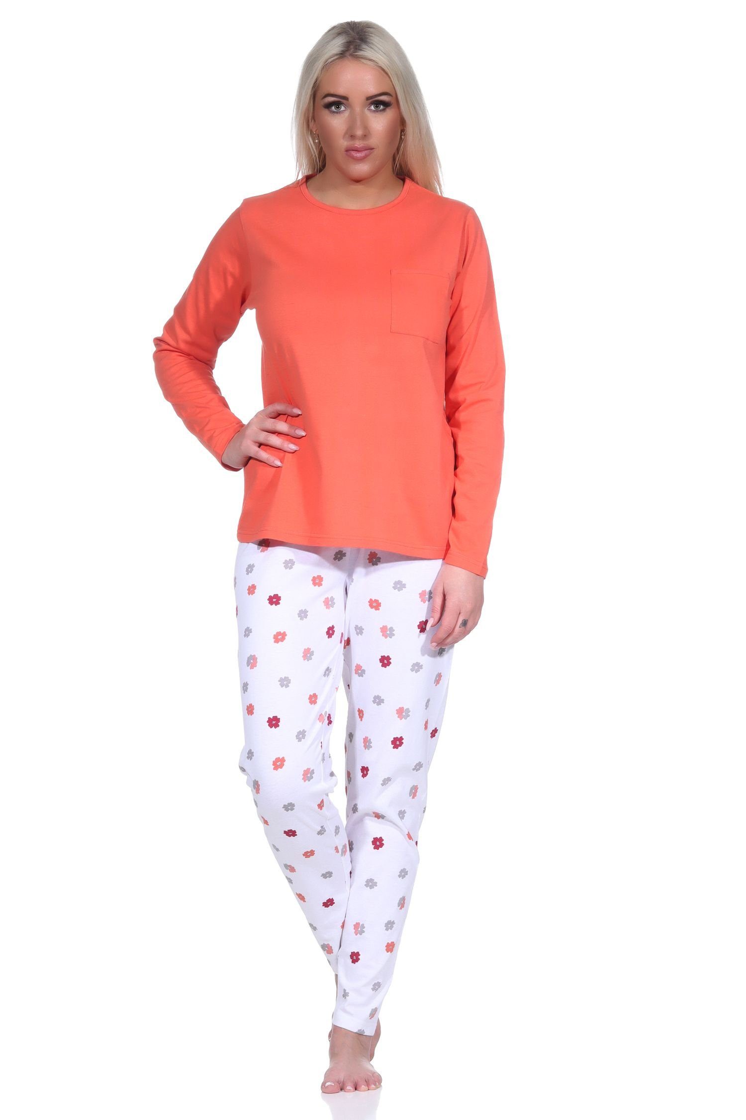 Normann Pyjama Damen Schlafanzug lang mit tollem Farbzusammenspiel-Optik apricot