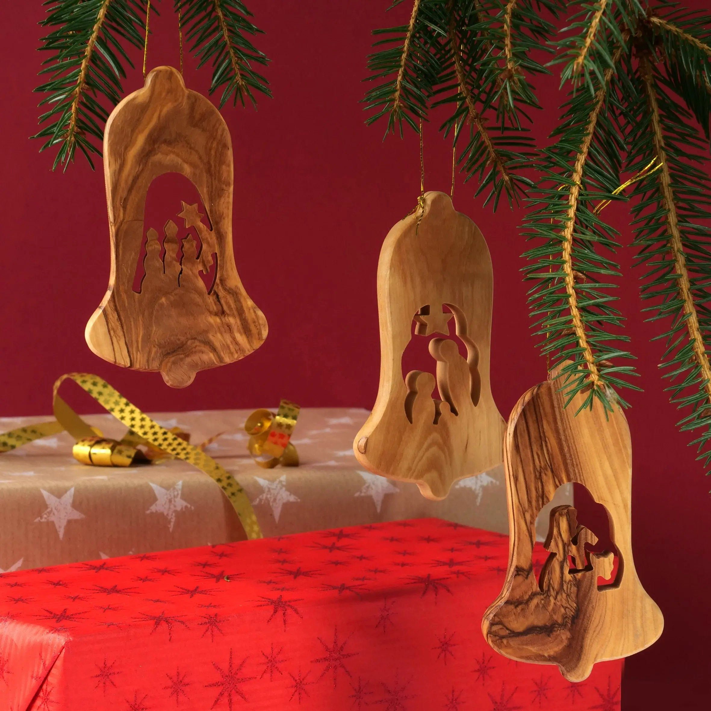 Kassis Dekoobjekt Weihnachtsdeko Baumschmuck aus Krippe, Olivenholzdeko, umweltfreundlich, Glocke handgemacht, ohne Bethlehem, Rinde Anhänger