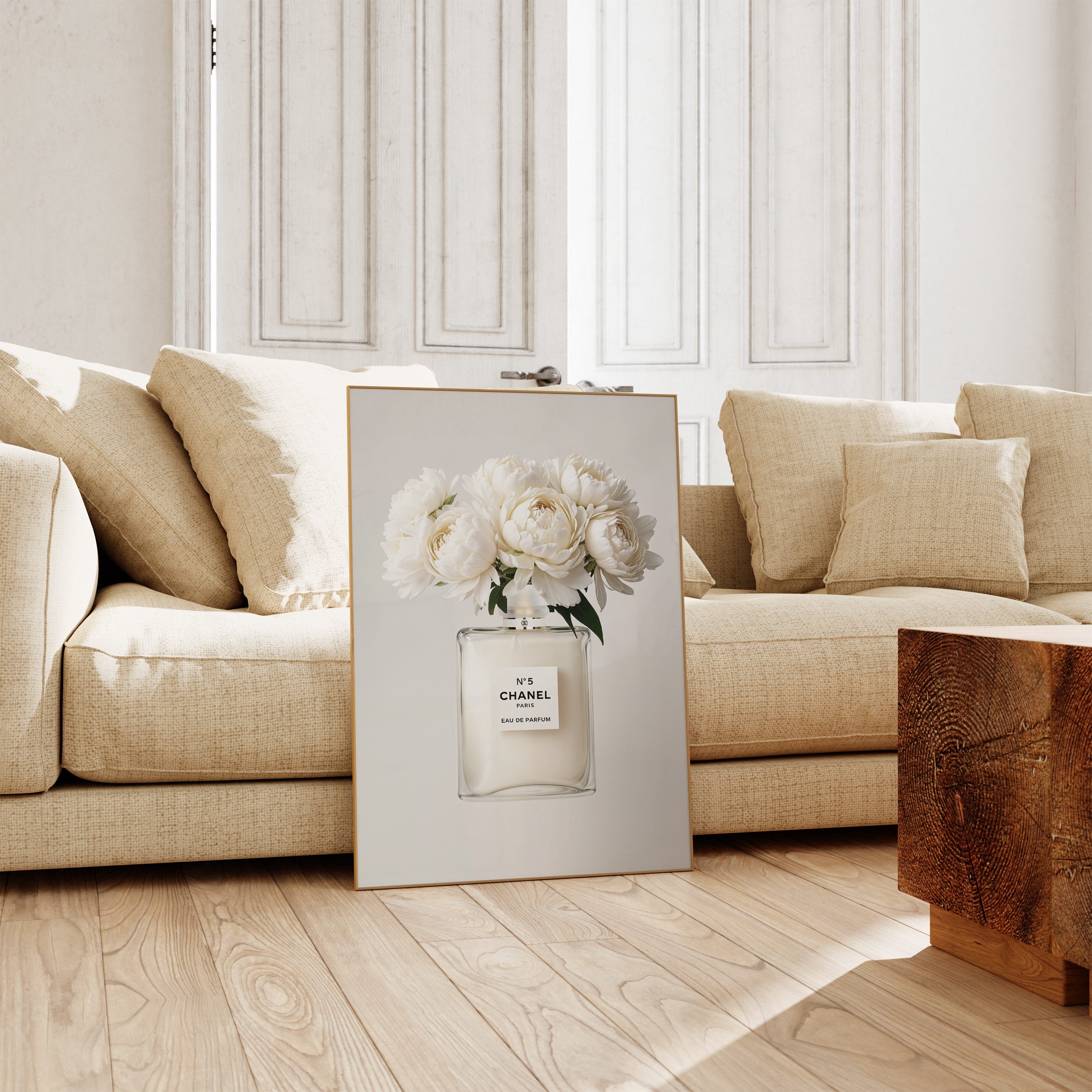 JUSTGOODMOOD Poster Premium ® Coco Chanel Poster · Coco Creme Parfüm Flacon · ohne Rahmen, (1 St)