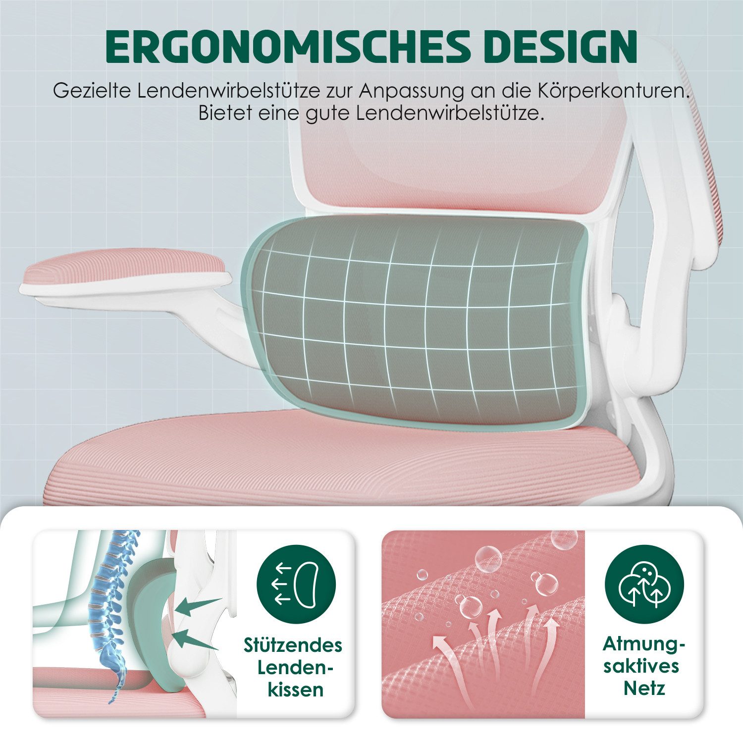 Fukstern Bürostuhl Ergonomischer Bürostuhl mit 90° klappbaren Armlehnen (Verstellbare Kopfstütze, atmungsaktiver Mesh-Bezug, Rücken- und Taillenstütze, Neigung fixierbar bei 90° (maximal kippbar bis 135), bis 150 kg belastbar