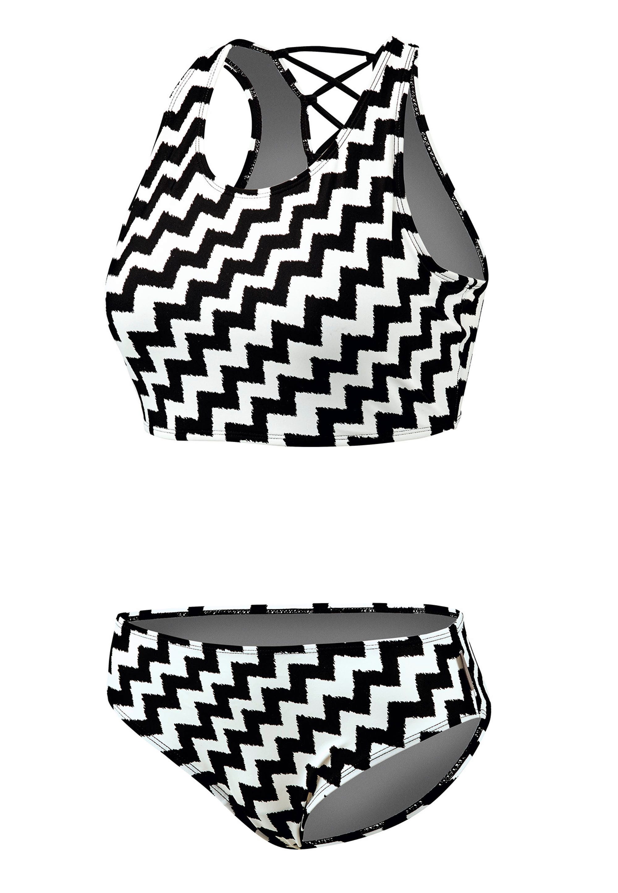 Beco Beermann triangle bikini top Black & White, with striking criss cross lacing in the back for a firm hold