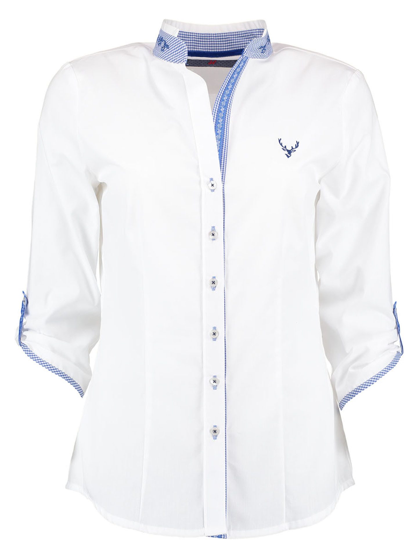 Moschen-Bayern Trachtenbluse Trachtenbluse Damen Bluse Damenbluse 3/4 Arm Hirsch Weiß-Blau Klassische Bluse, Damenbluse, Trachtenbluse, Stickerei, Bluse, Jeansbluse