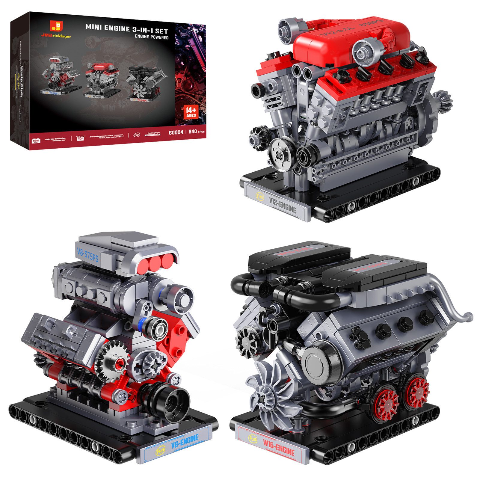 Esun 3 in 1 Mini Motor Bausatz, Technik V8 V12 W16 Engine Klemmbausteine Spielbausteine, (Set, 840 St., Komplettset), Stem Motor Funktionsfähig Baukasten Dekor Geschenk