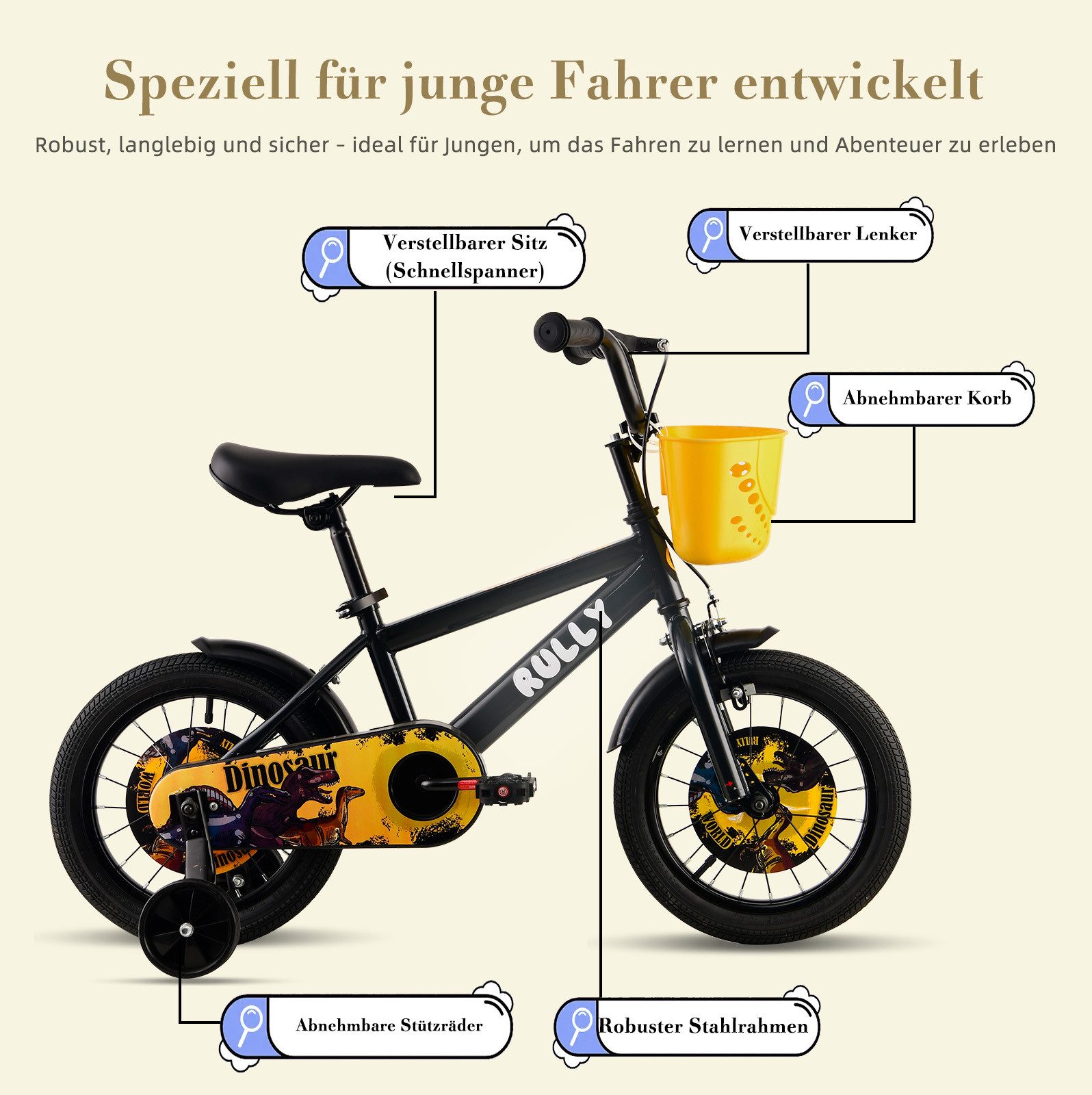 Vankel Kinderfahrrad Dinosaur 12-16 Zoll mit Stützrädern Rücktrittbremse, Handbremse, Korb, 1 Gang, für ca. 2-4 Jahre, 84-104 cm