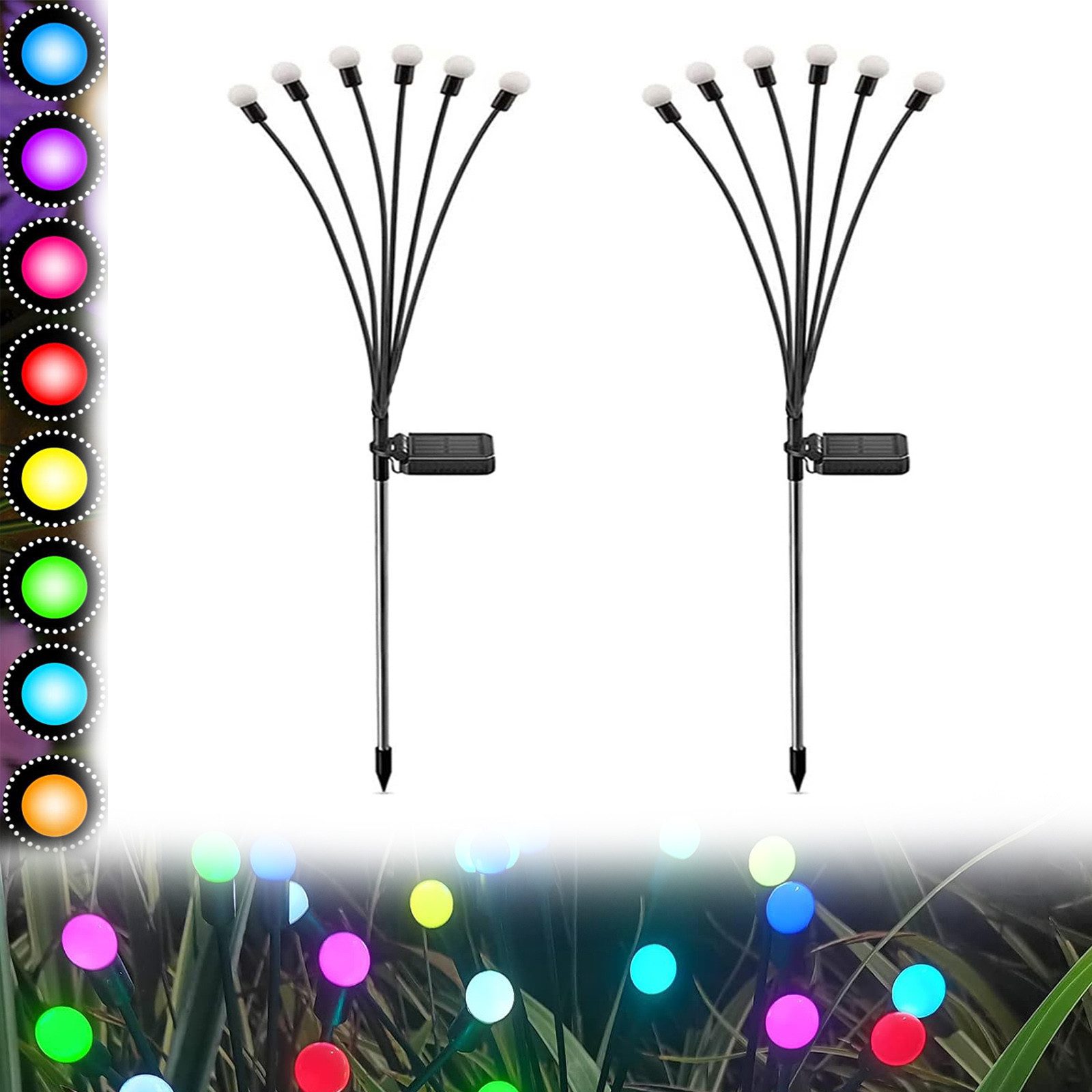 MUPOO LED Gartenleuchte LED-Lichterkette Leuchten Solarbetriebene Glühwürmchen IP65, 2 Stück, 6 LED-Leuchten, Solar Glühwürmchen Warmweißes/RGB,Garten Deko Glühwürmchen,6/8/10Köpfe