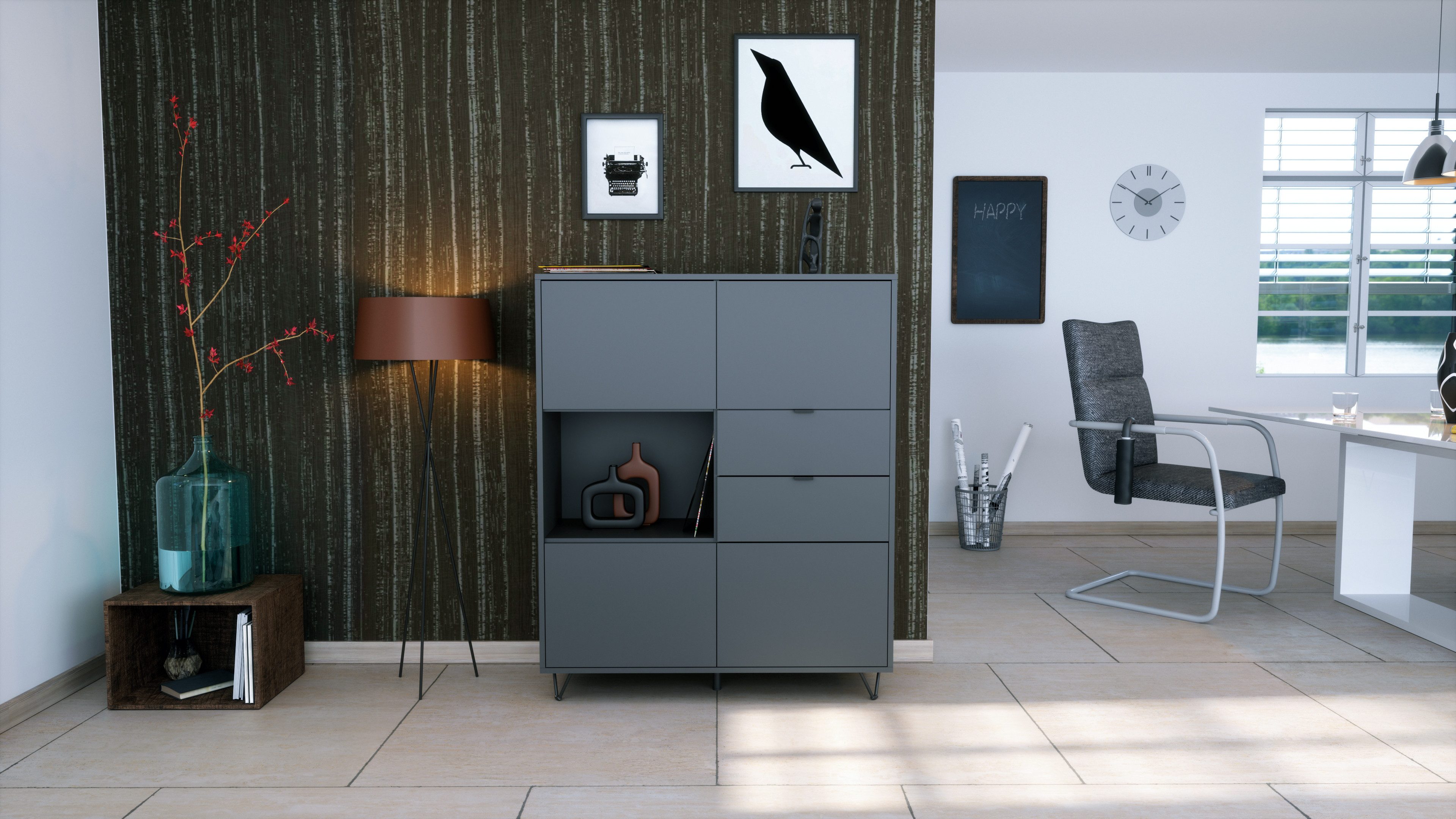 Vladon Highboard Marino V1 (Highboard mit 4 Tür Anthrazit matt, 2 Schubladen Anthrazit matt, Made in Germany), Korpus Anthrazit matt (103 x 125,5 x 37 cm)