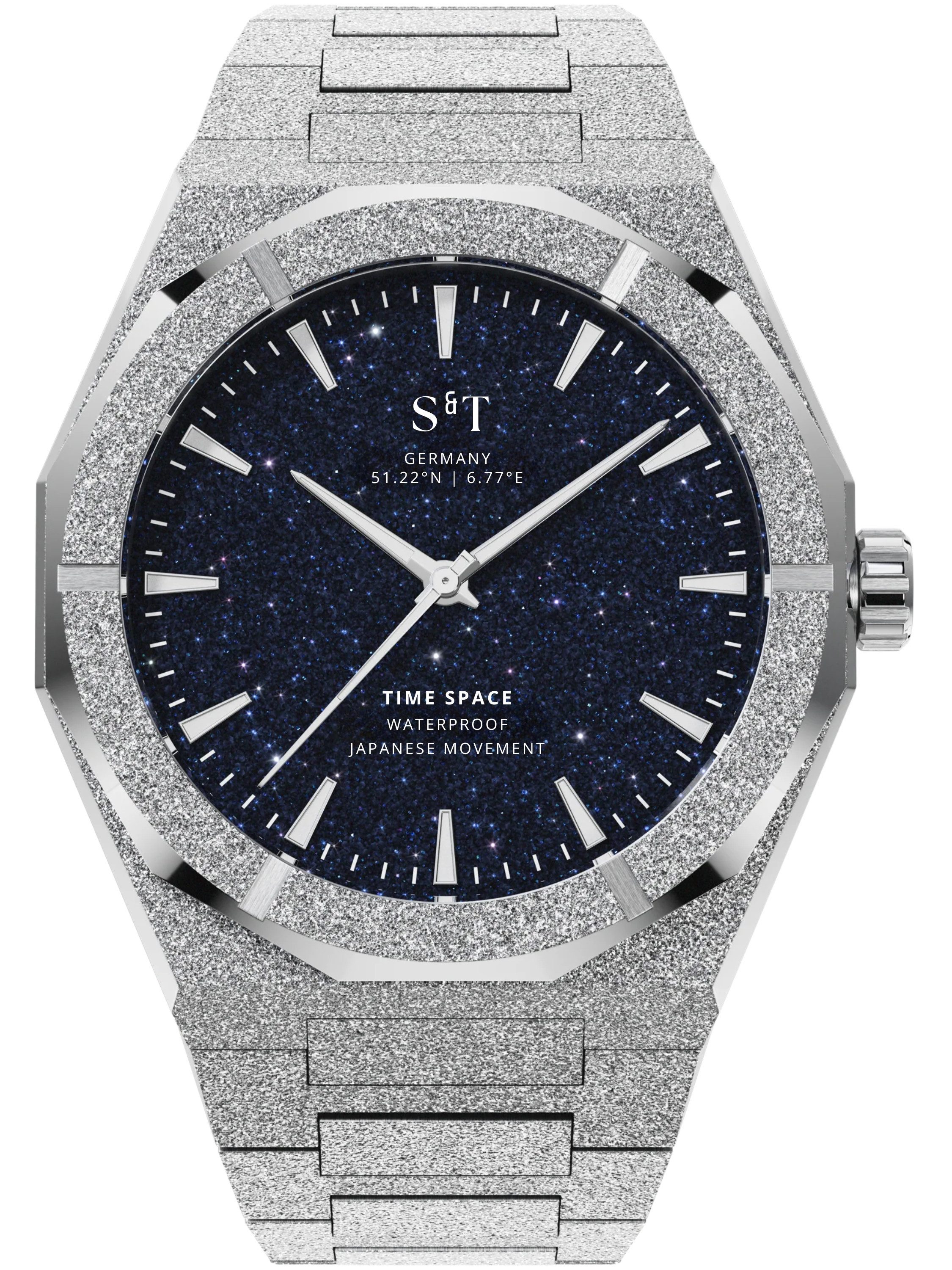 S&T Design Quarzuhr Armbanduhr Herrenuhr Frosted Iced Edelstahl Datum TIME SPACE, (inkl. Uhrenbox, Armbandkürzer), Japanisches Quarzwerk 40mm Leuchtzeiger Sternenhimmel Geschenkbox