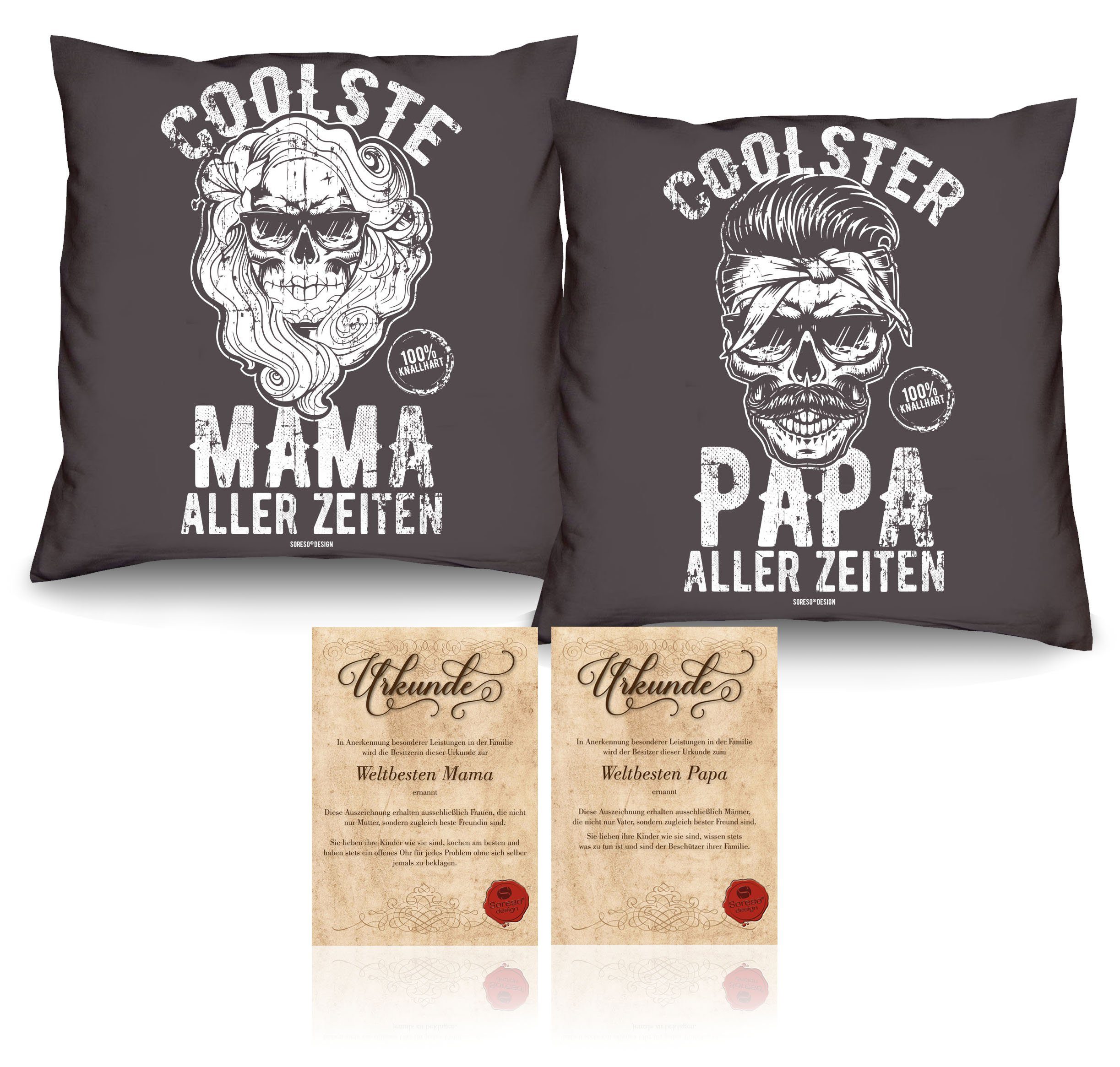 Soreso® Dekokissen Kissen-Set Coolste Mama aller Zeiten Coolster Papa aller Zeiten mit Urkunden, Weihnachtsgeschenk für Eltern anthrazit