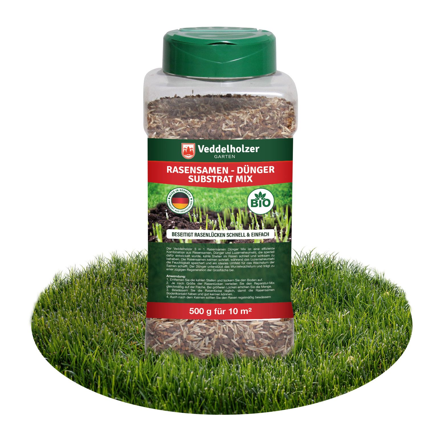 Veddelholzer Rasendünger 3 in 1 Rasensamen NPK Dünger Substrat Mix 500 g Rasen Reparatur Mix, schnellkeimend, für einen dichten strapazierfähigen grünen Rasen, zur Nachsaat