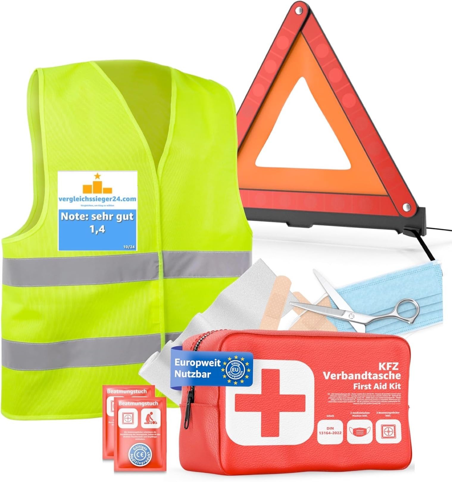 POWR Car Erste-Hilfe-Set 3 in 1 Set Auto Erste Hilfe Kit - KFZ-Verbandskasten Warnweste 2026, (3er Set, 1 St), Komplettes KFZ Erste Hilfe Set