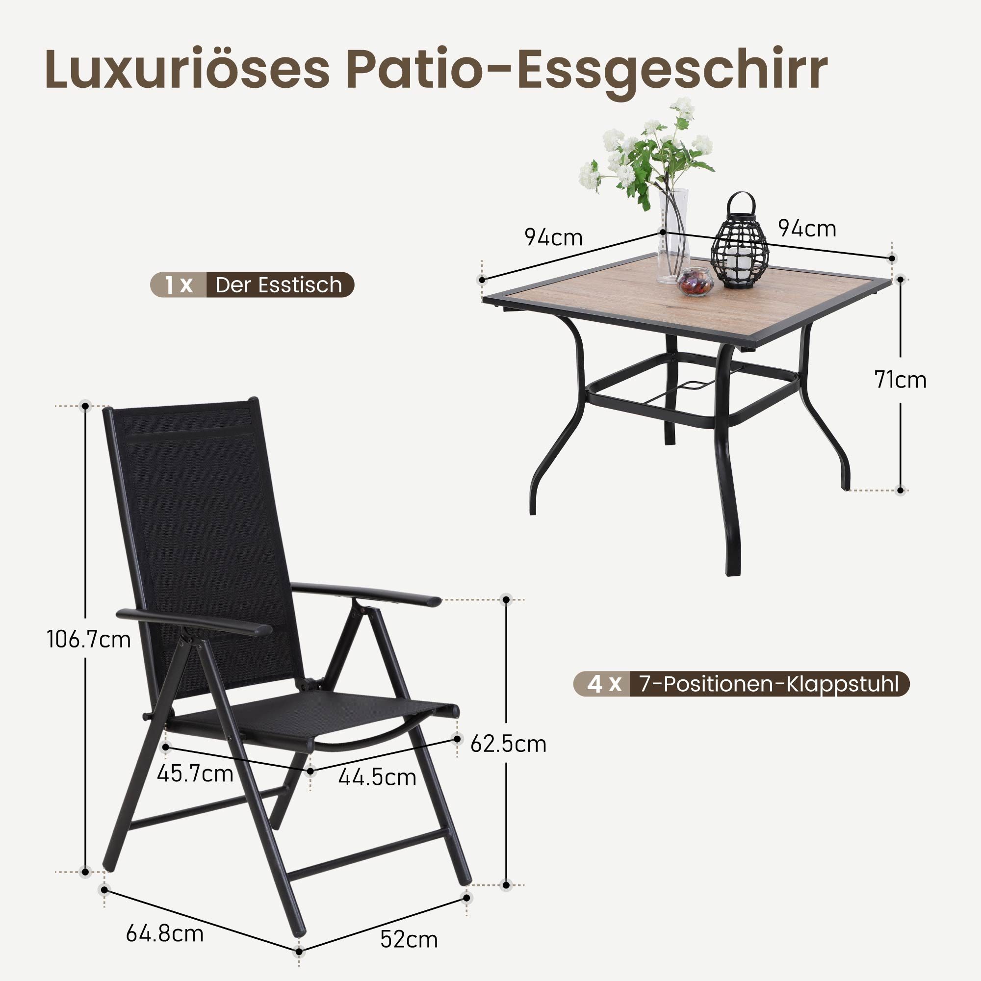 PHI VILLA Garten-Essgruppe, (Quadratischem Holzähnlichem Metall-Tisch mit 4cm Schirmloch), Gartenset Tisch und Stühle für Draußen