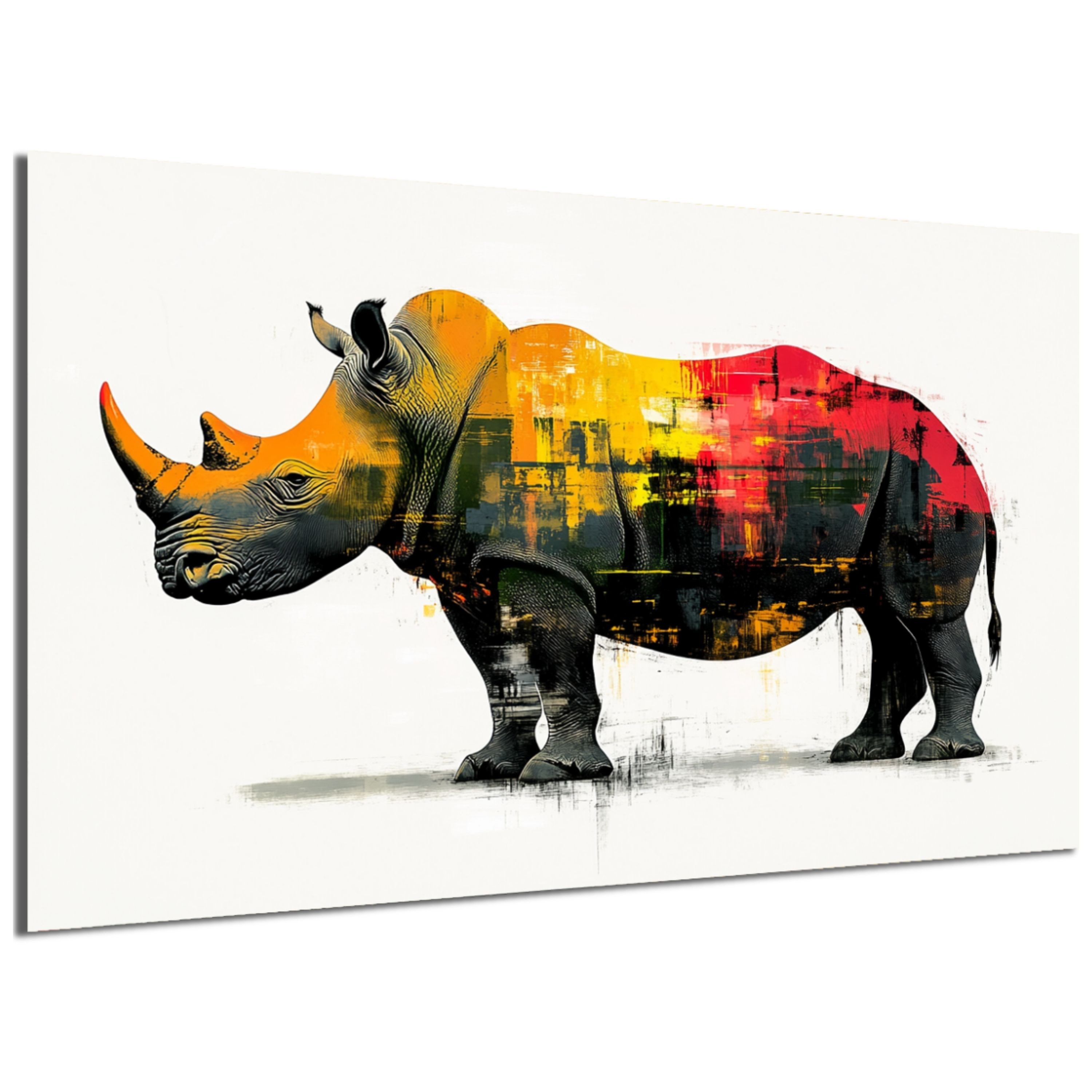 DARO Design Leinwandbild Modern Abstrakt Wandbilder XXL Wandbild Wand Deko Leinwand Bilder, (Nashorn Warhol Glitch - Bild groß Wohnzimmer Schlafzimmer Küche Esszimmer Einteilig Querformat Fotodruck Leinwände Wanddeko Abstrakte Kunst Boho), 70x50cm