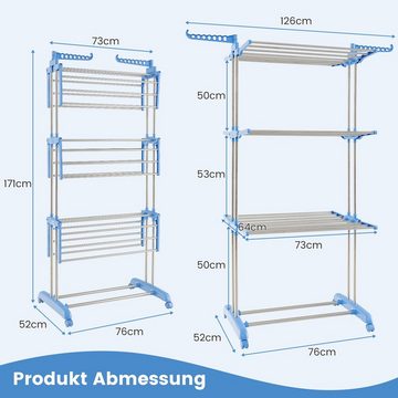 COSTWAY Turmwäscheständer, klappbar, platzsparend, mit Rollen, ausziehbar, 126cm