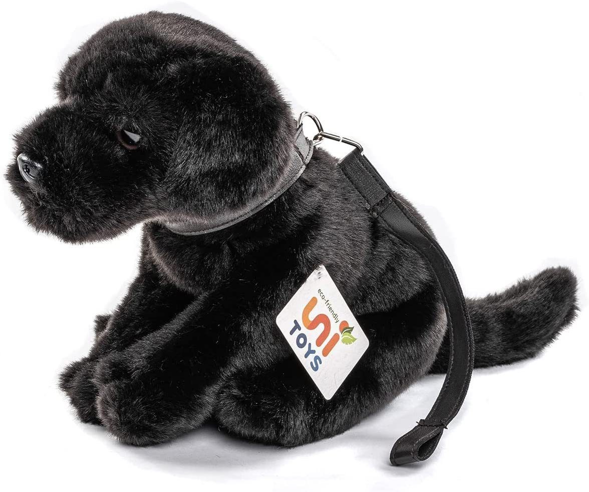 Uni-Toys Kuscheltier Labrador Welpe schwarz, m.Leine - Höhe 23 cm - Plüsch-Hund, Plüschtier, zu 100 % recyceltes Füllmaterial