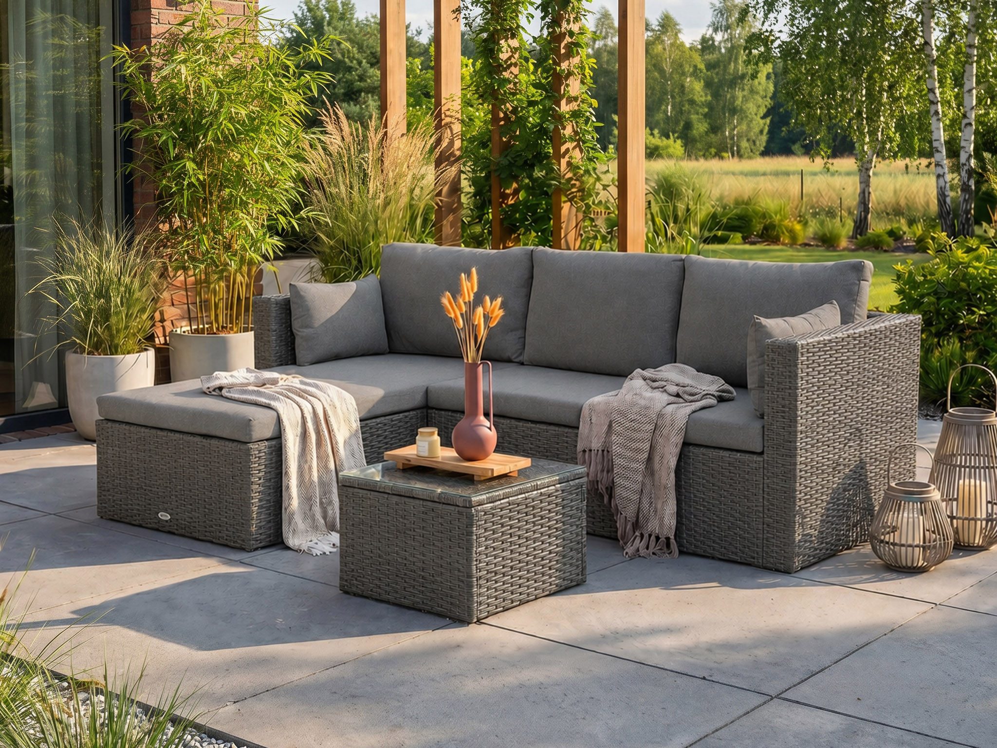 Beautysofa Gartenlounge-Set SEVILLA Polyrattan Ecksofa mit Couchtisch, (Technorattan Lounge Set, Tisch mit Glasplatte, modulares Gartenmöbel-Set, rechts oder links aufbaubar), wetterbeständig, pflegeleicht, in mehreren Farben