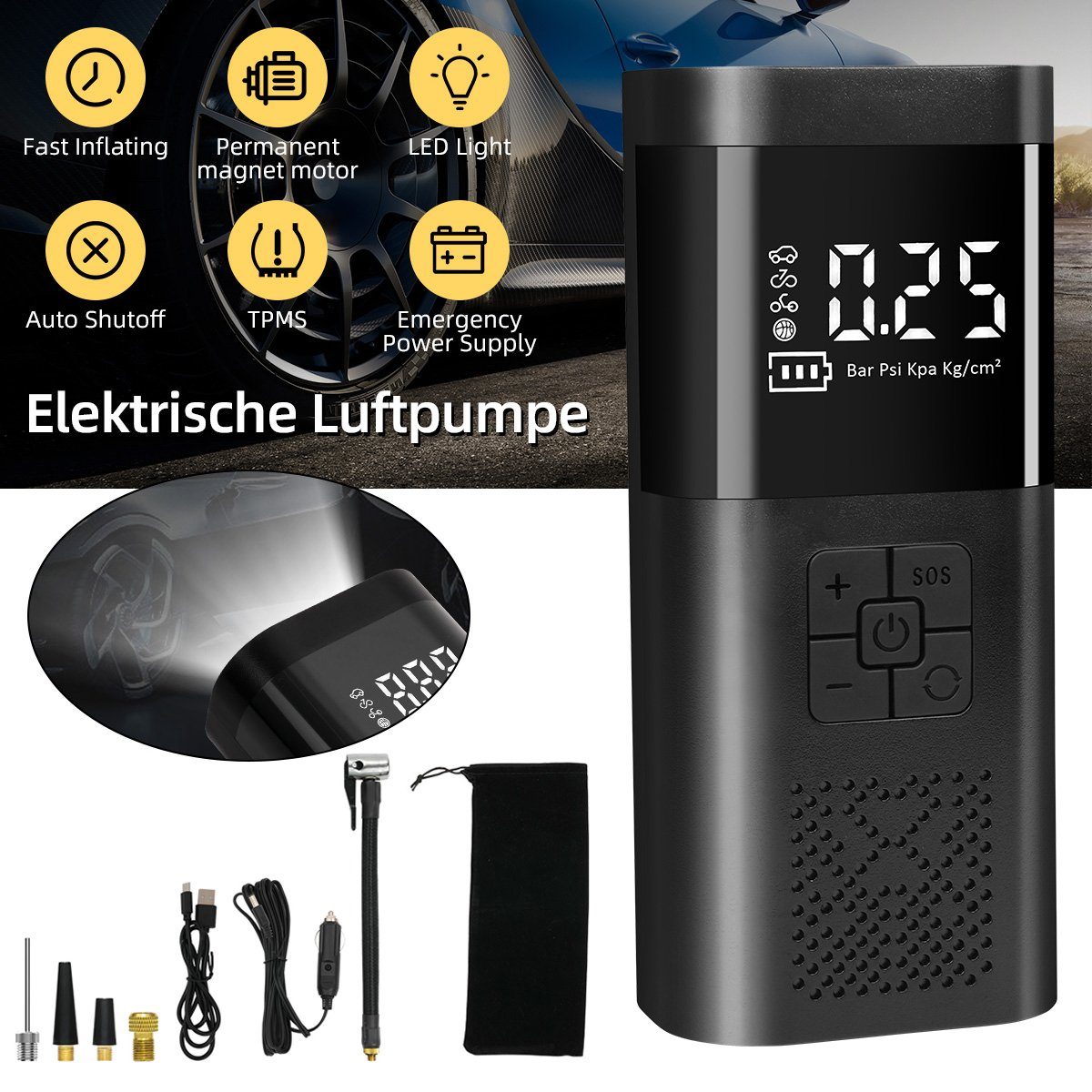 für Elektrische mit Luftpumpe Akku, 6000mAh AutoOff, Auto 7Magic Luftpumpe Manometer 150PSI Bälle Motorrad USB-Powerbank, Luftpumpe Fahrrad mit