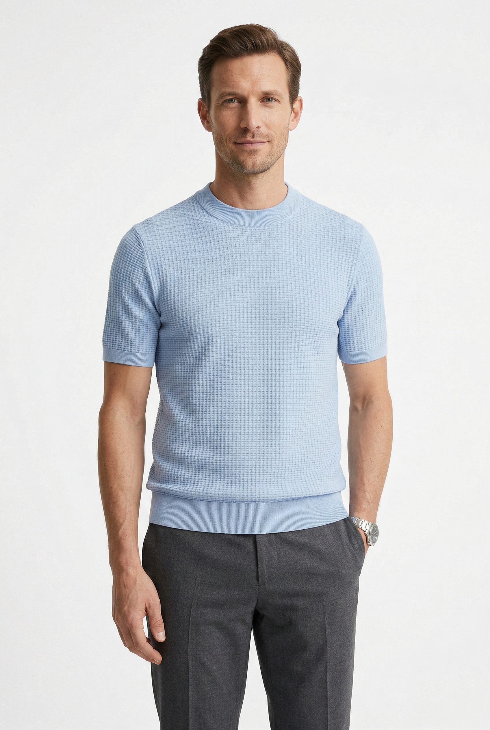 BOSS Kurzarmpullover Nilton Premium Menswear Business-Casual-Look, Strukturstrick-Material