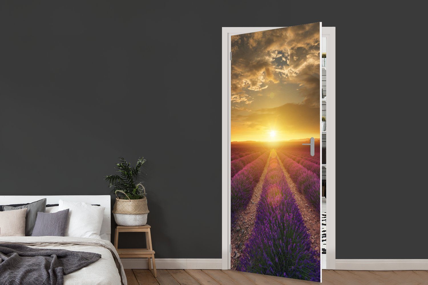 Tür, 75x205 MuchoWow bedruckt, Fototapete Matt, Frankreich, Lavendel St), Türtapete - (1 Sonnenuntergang Türaufkleber, für cm -