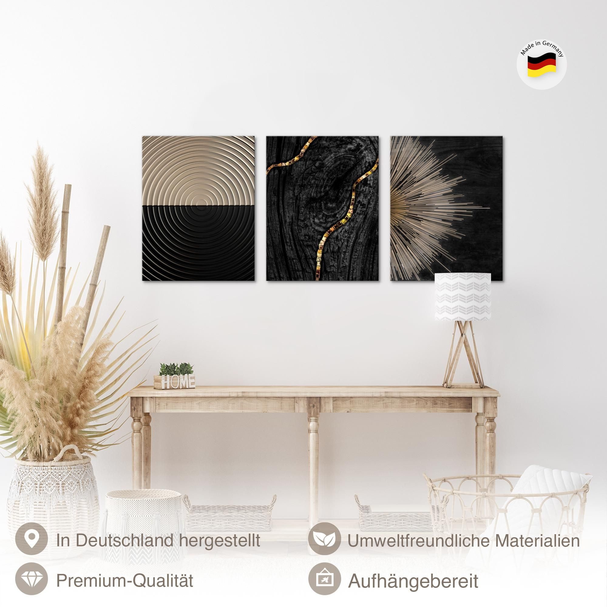 Novart Wandbild Schwarz Gold Abstrakte Kunst Formen Wohnzimmer, (3 St)