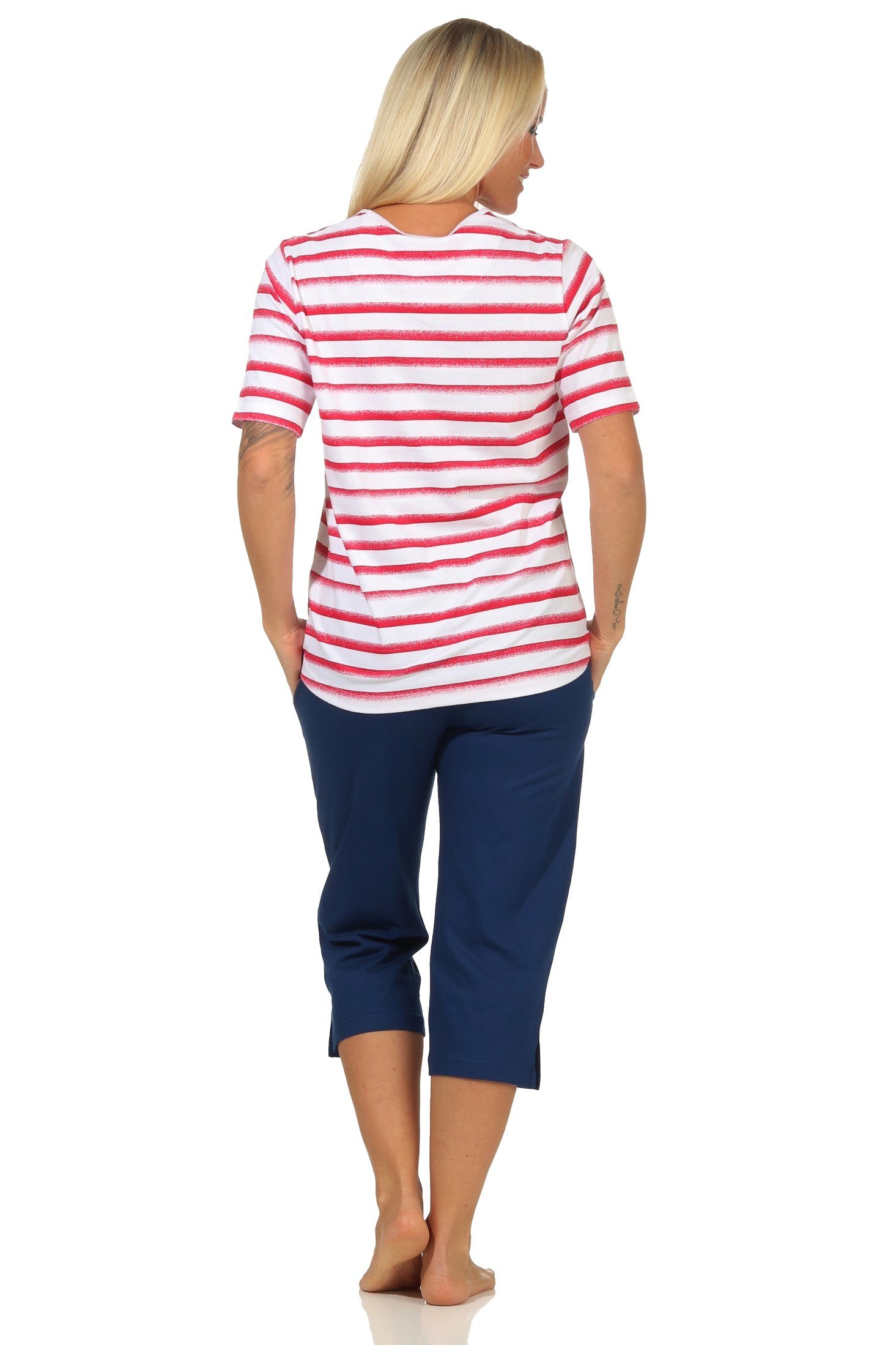Normann rot Oberteil Pyjama Capri kurzarm Maritimer mit Damen Anker Schlafanzug, Motiv